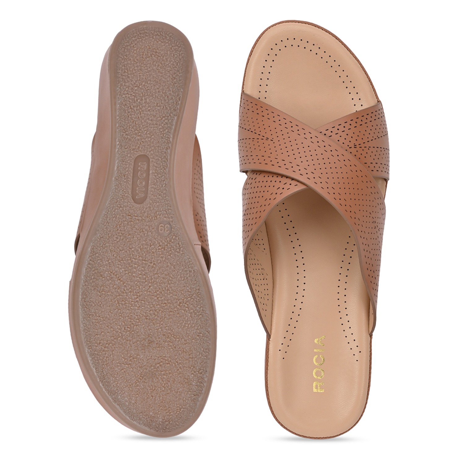 Tan Women Comfort Laser Cut Cross Strap Flats