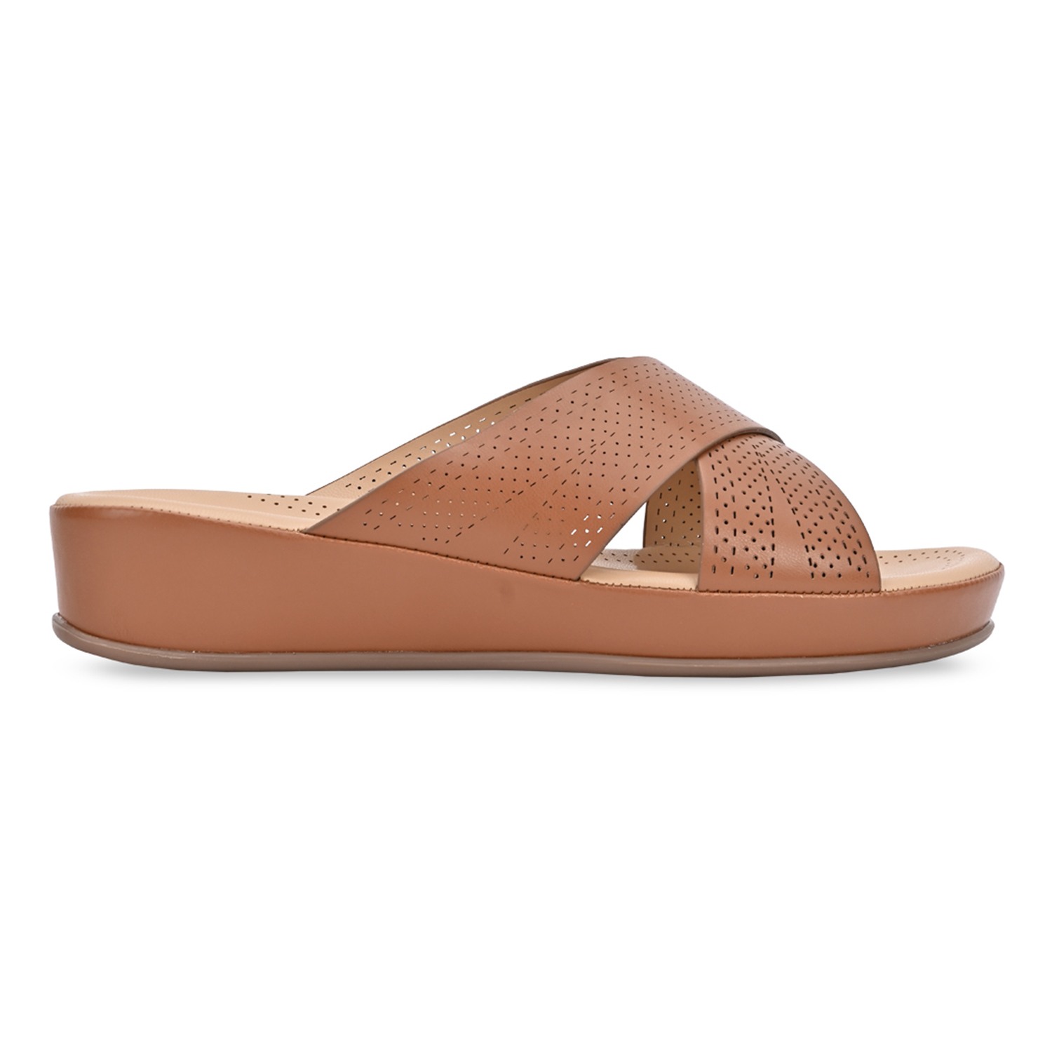 Tan Women Comfort Laser Cut Cross Strap Flats