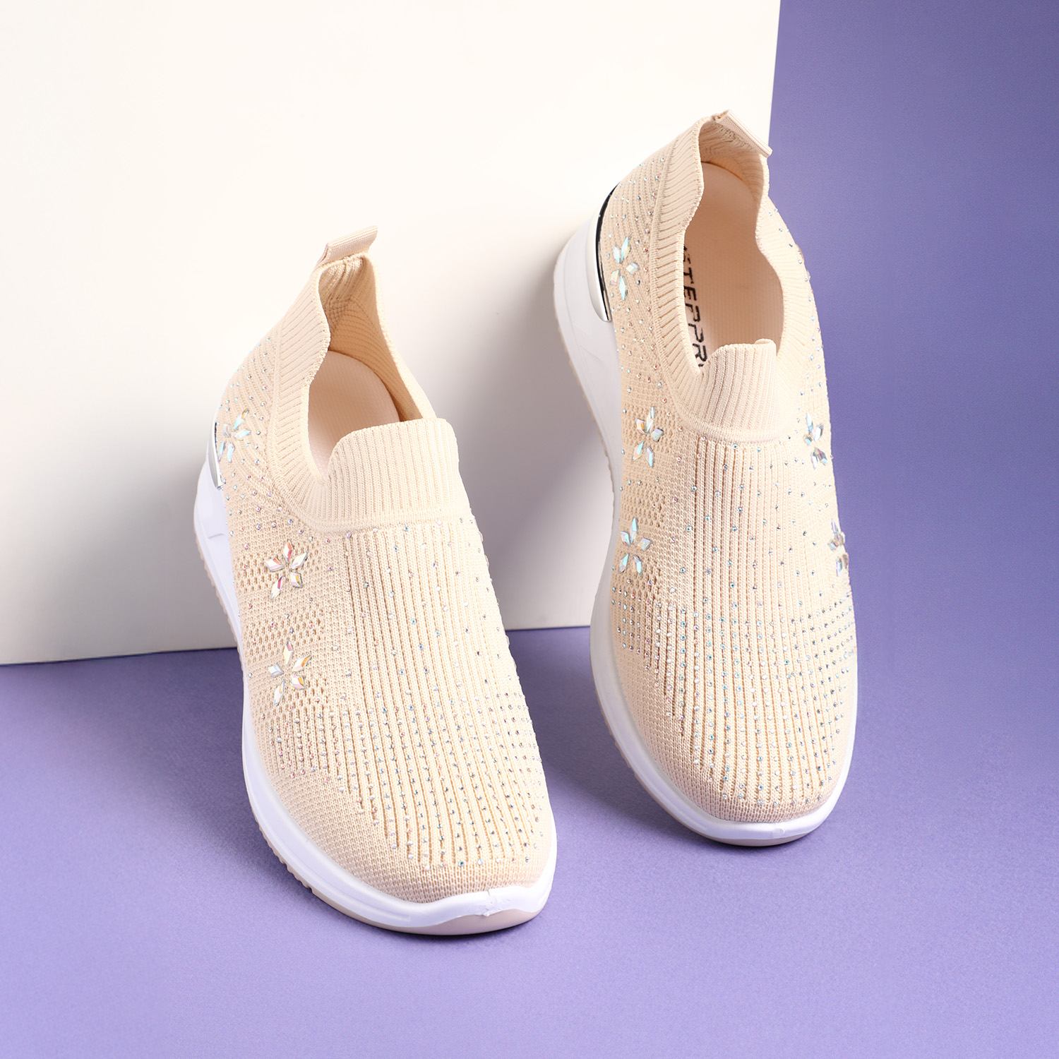 Beige Embellished Knit Slip-On for Women