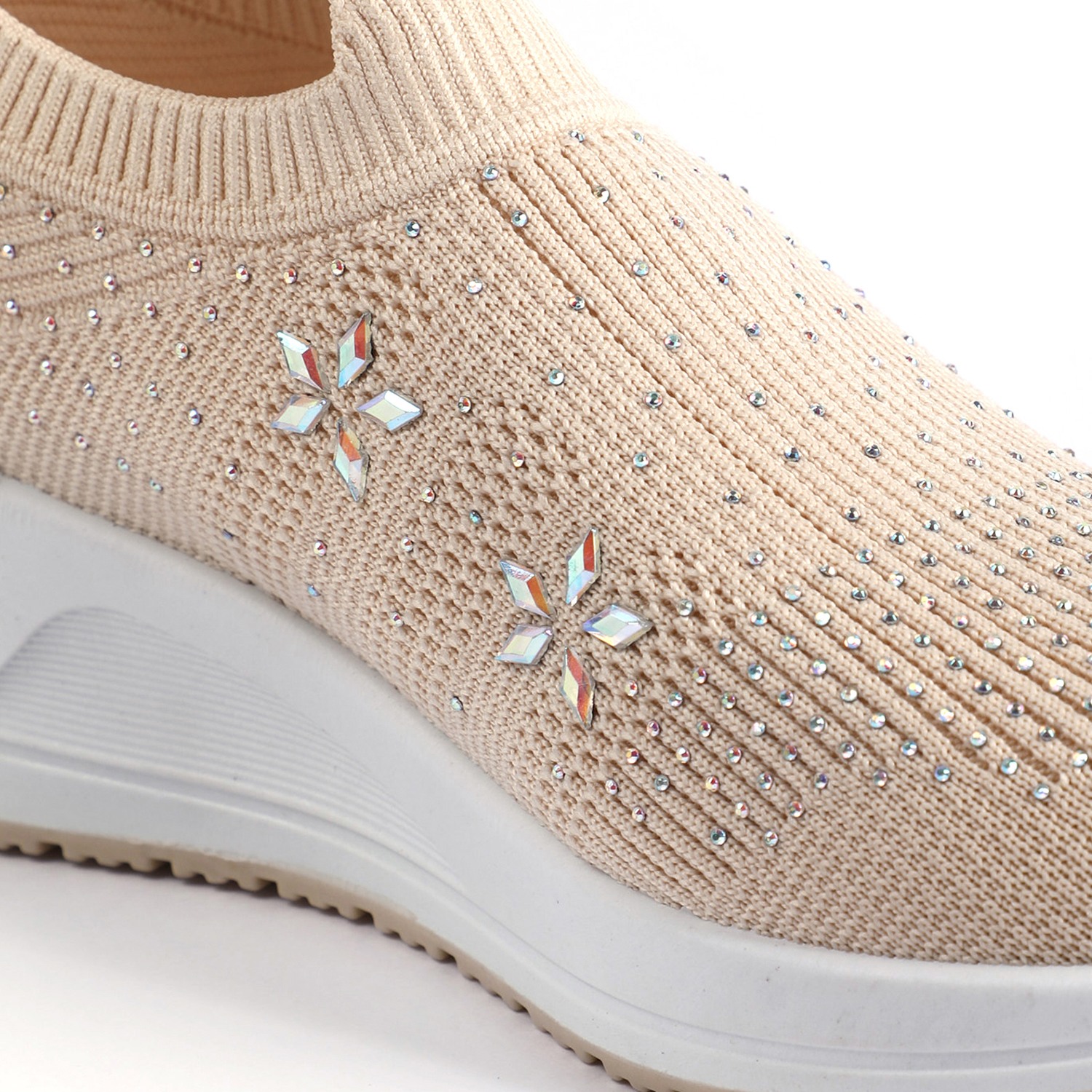 Beige Embellished Knit Slip-On for Women