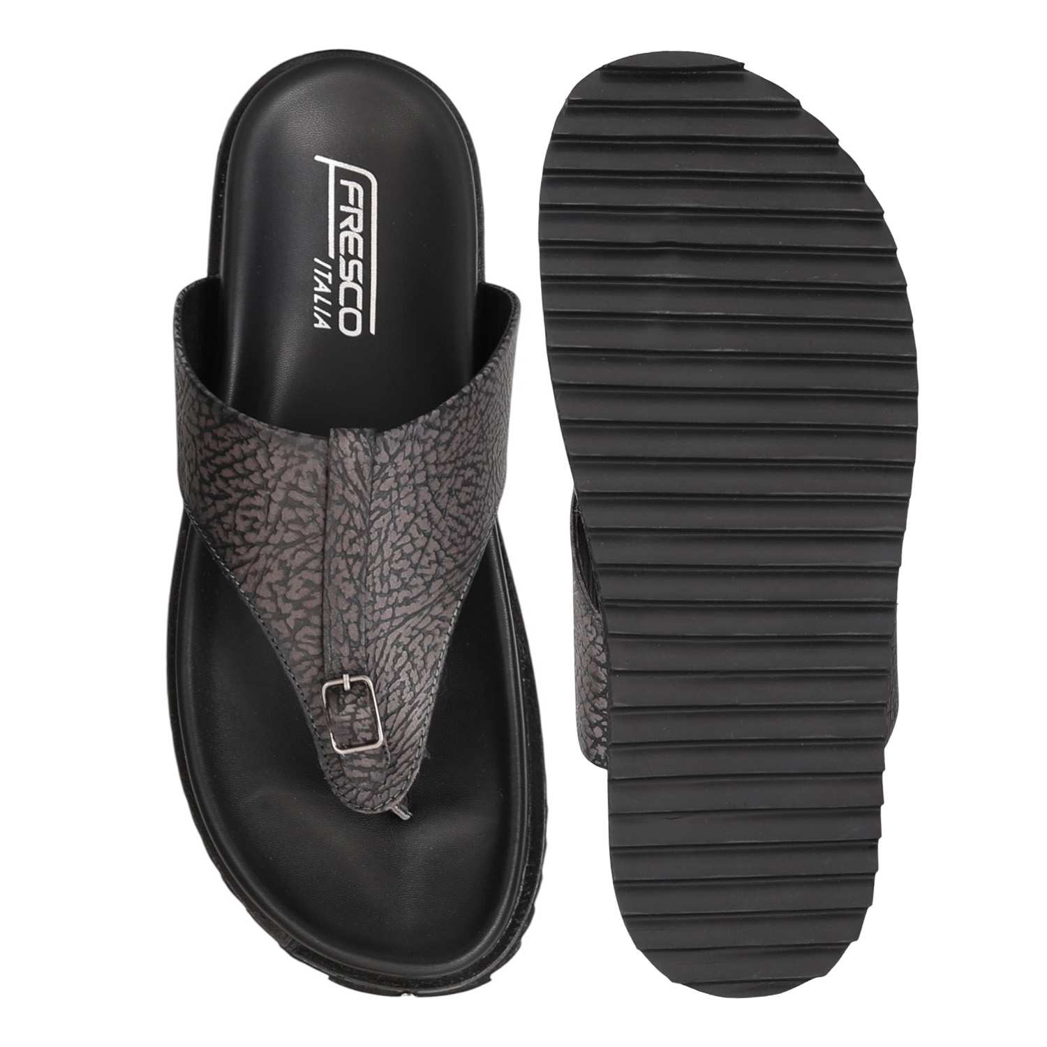 Men Grey Textured Buckle Toe-Loop Flats