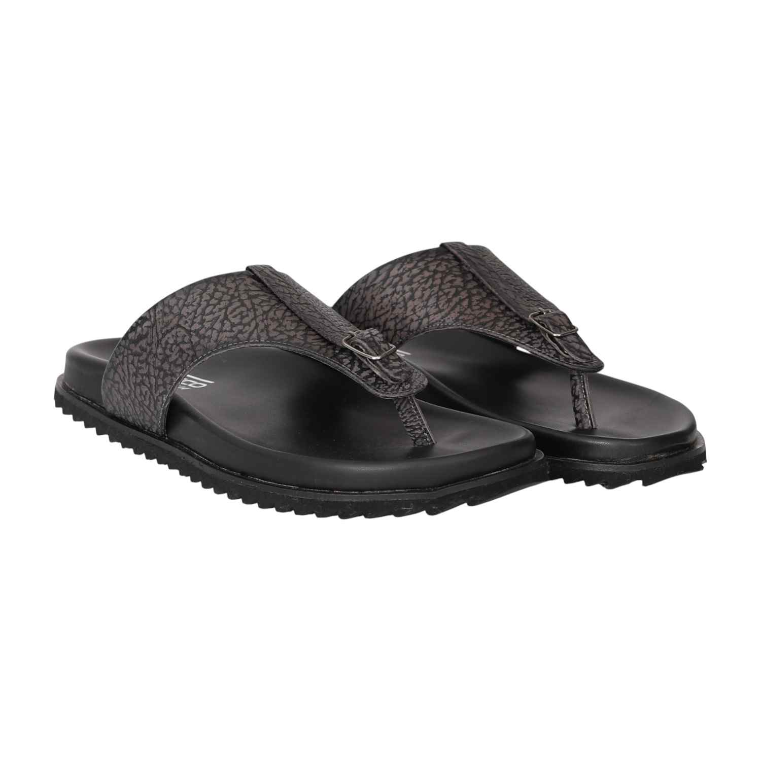 Men Grey Textured Buckle Toe-Loop Flats