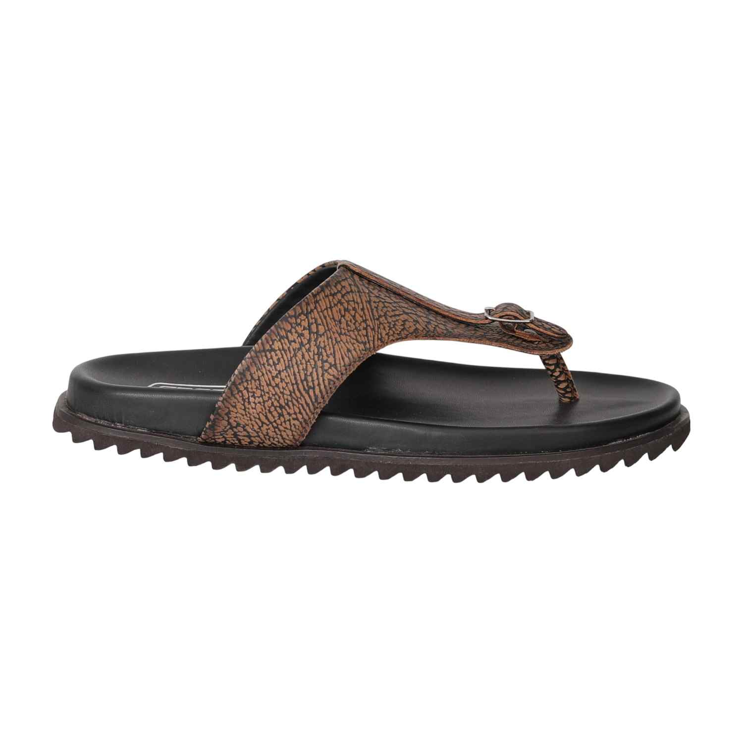 Men Brown Textured Buckle Toe-Loop Flats