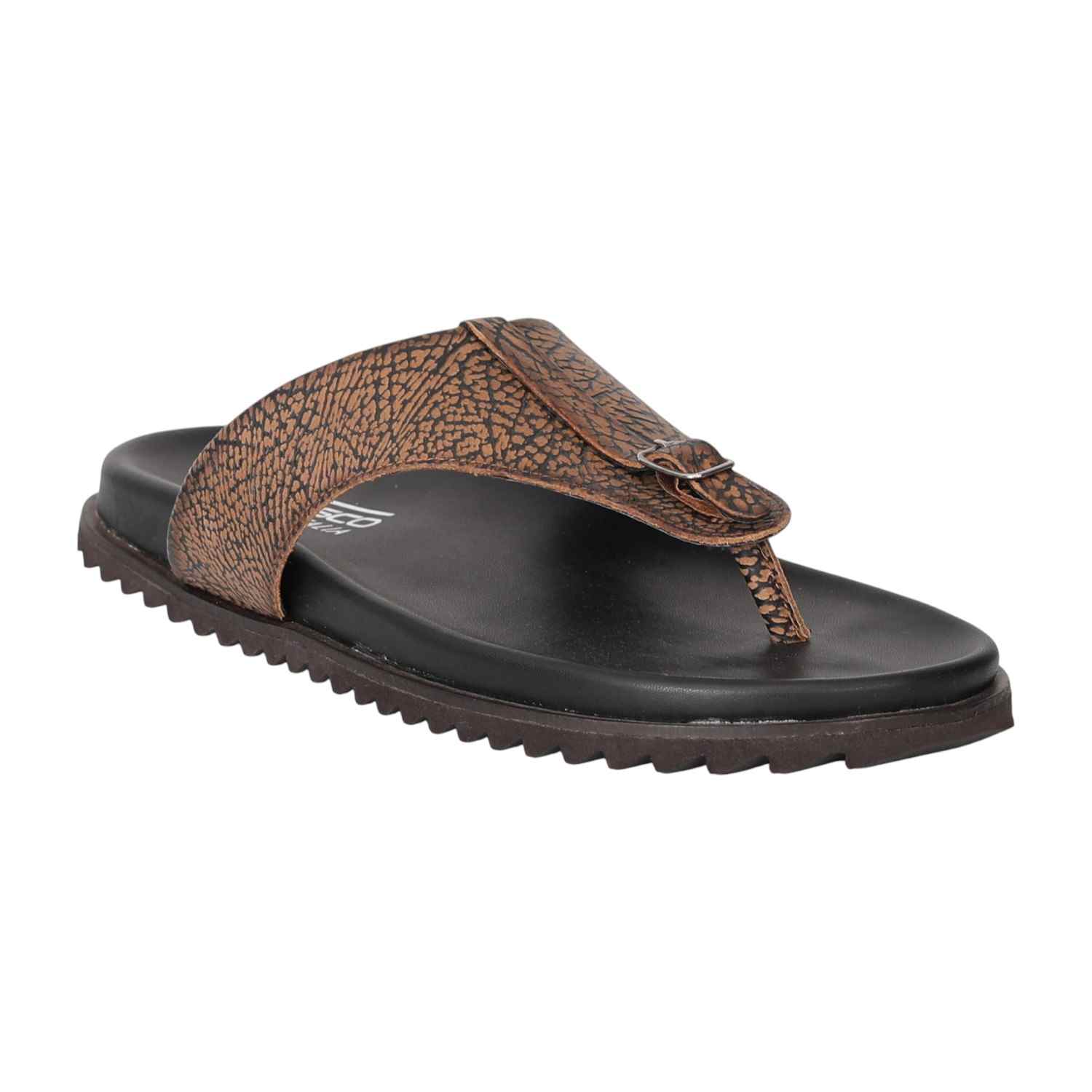 Men Brown Textured Buckle Toe-Loop Flats