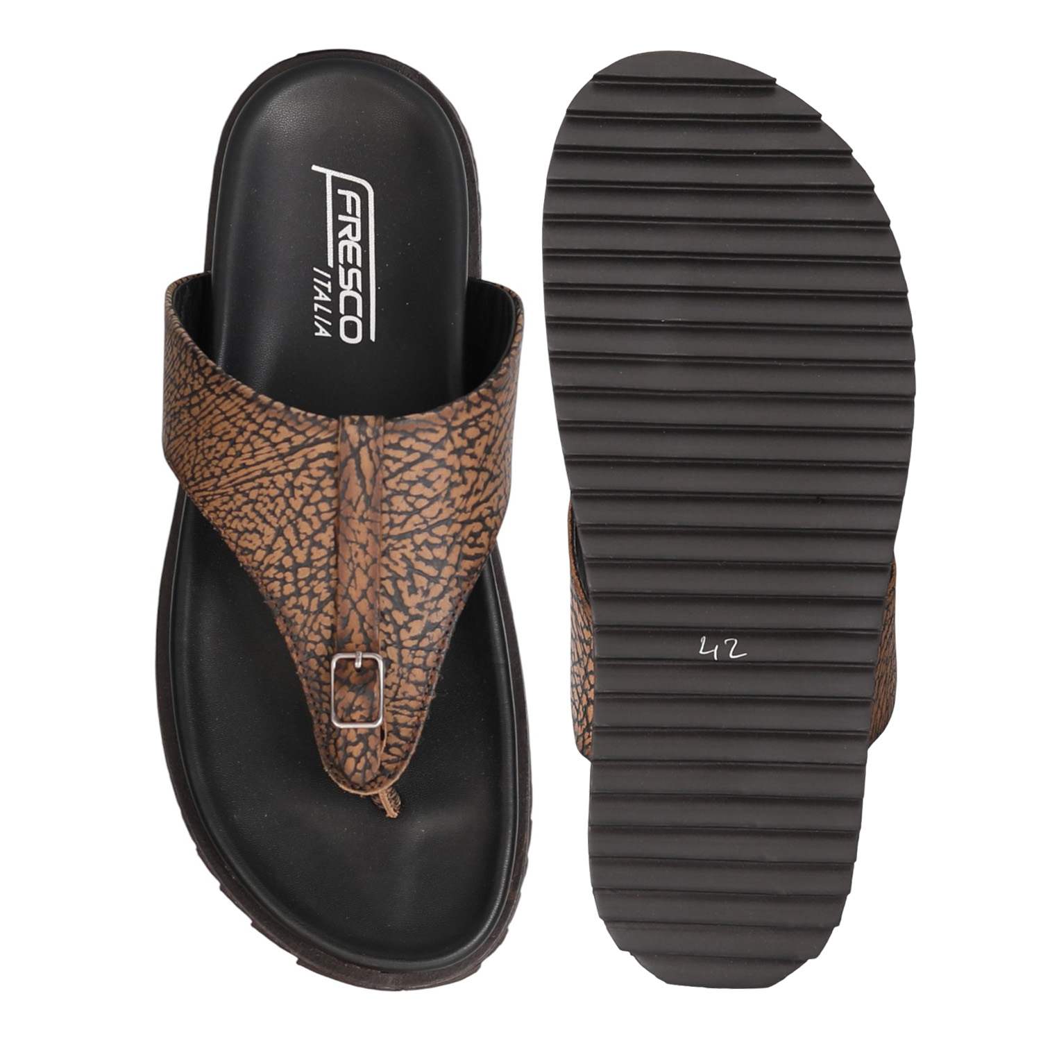 Men Brown Textured Buckle Toe-Loop Flats