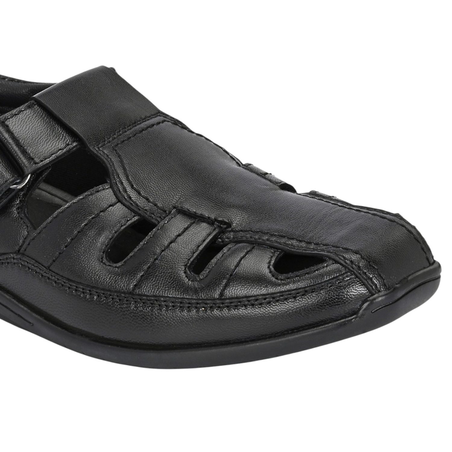 Men Black Leather Fisherman Sandal with Velcro Closure