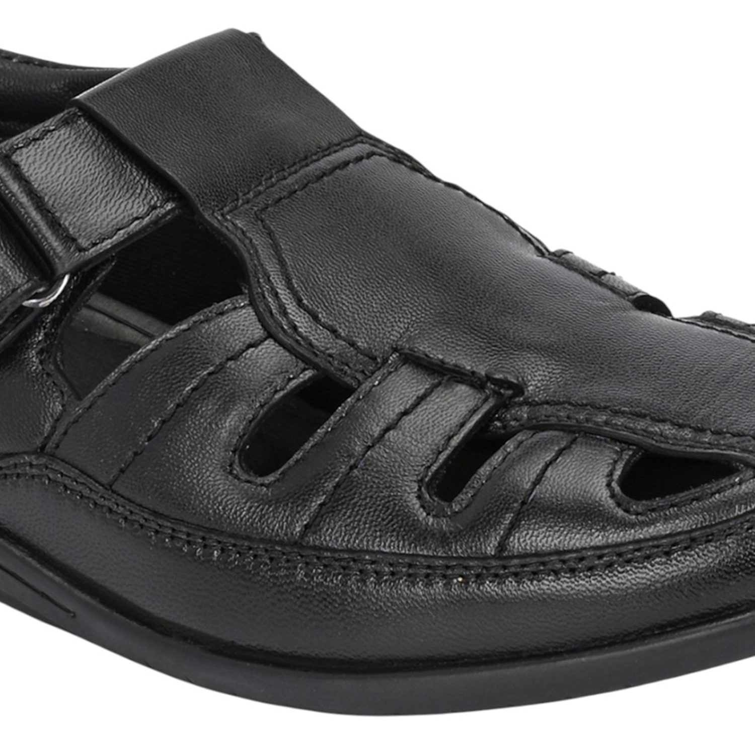 Men Black Leather Fisherman Sandal with Velcro Closure