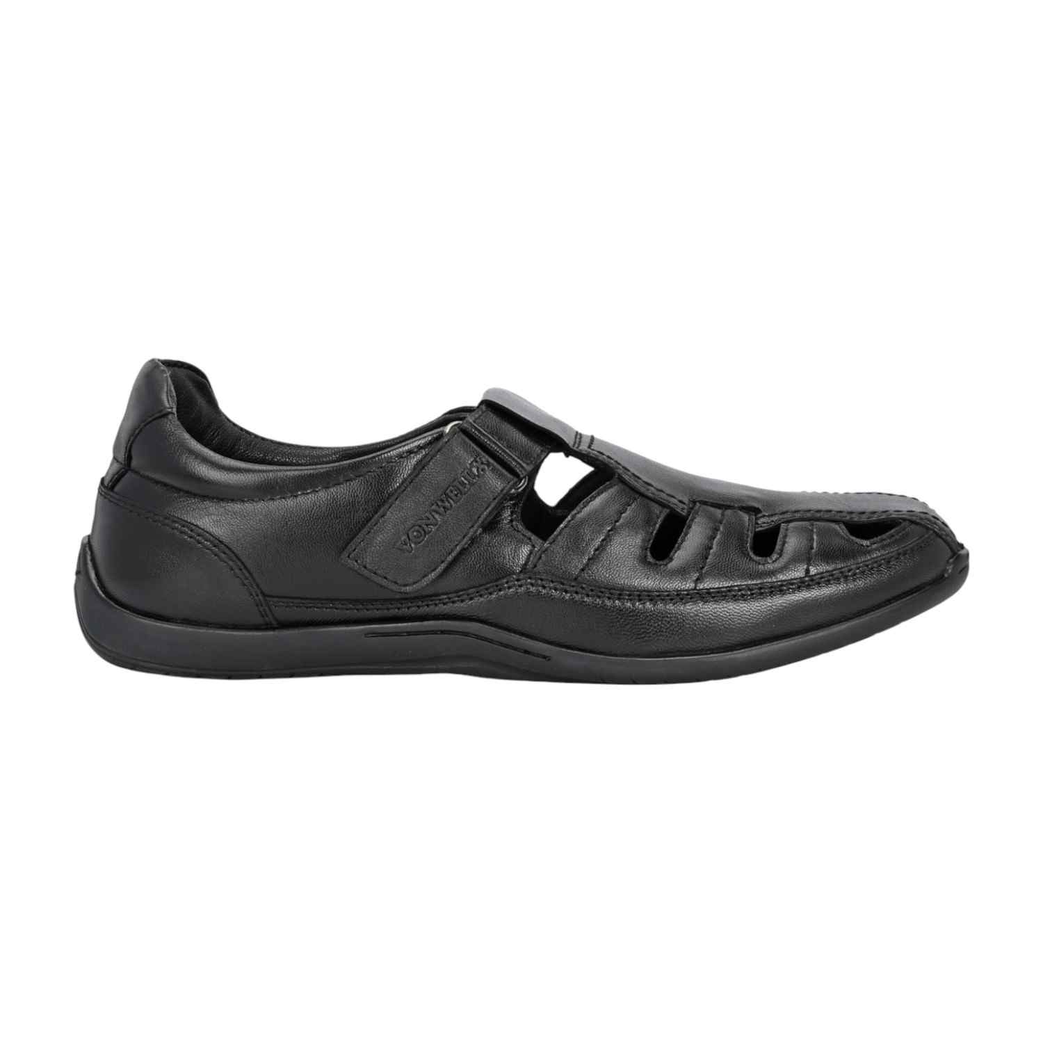 Men Black Leather Fisherman Sandal with Velcro Closure