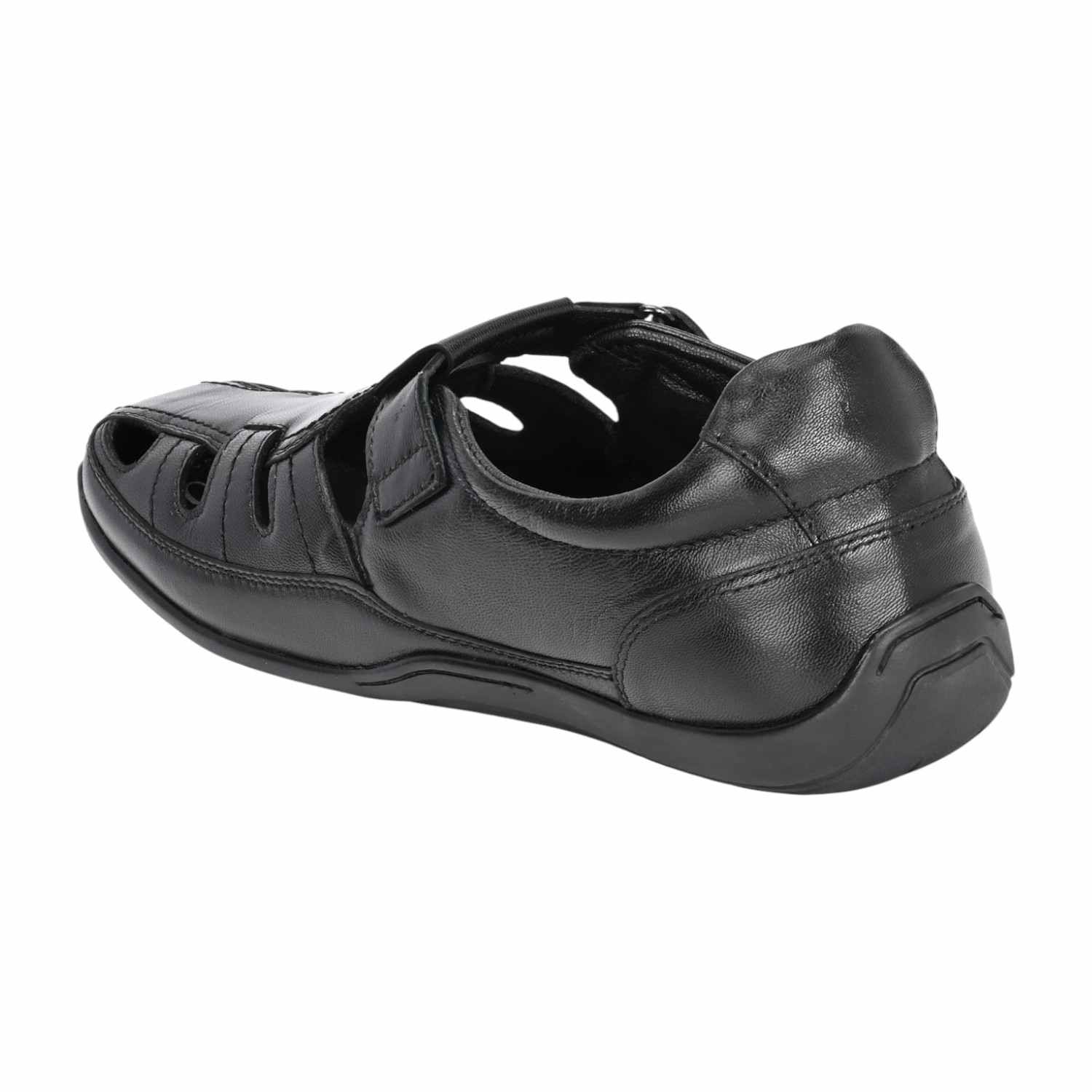 Men Black Leather Fisherman Sandal with Velcro Closure