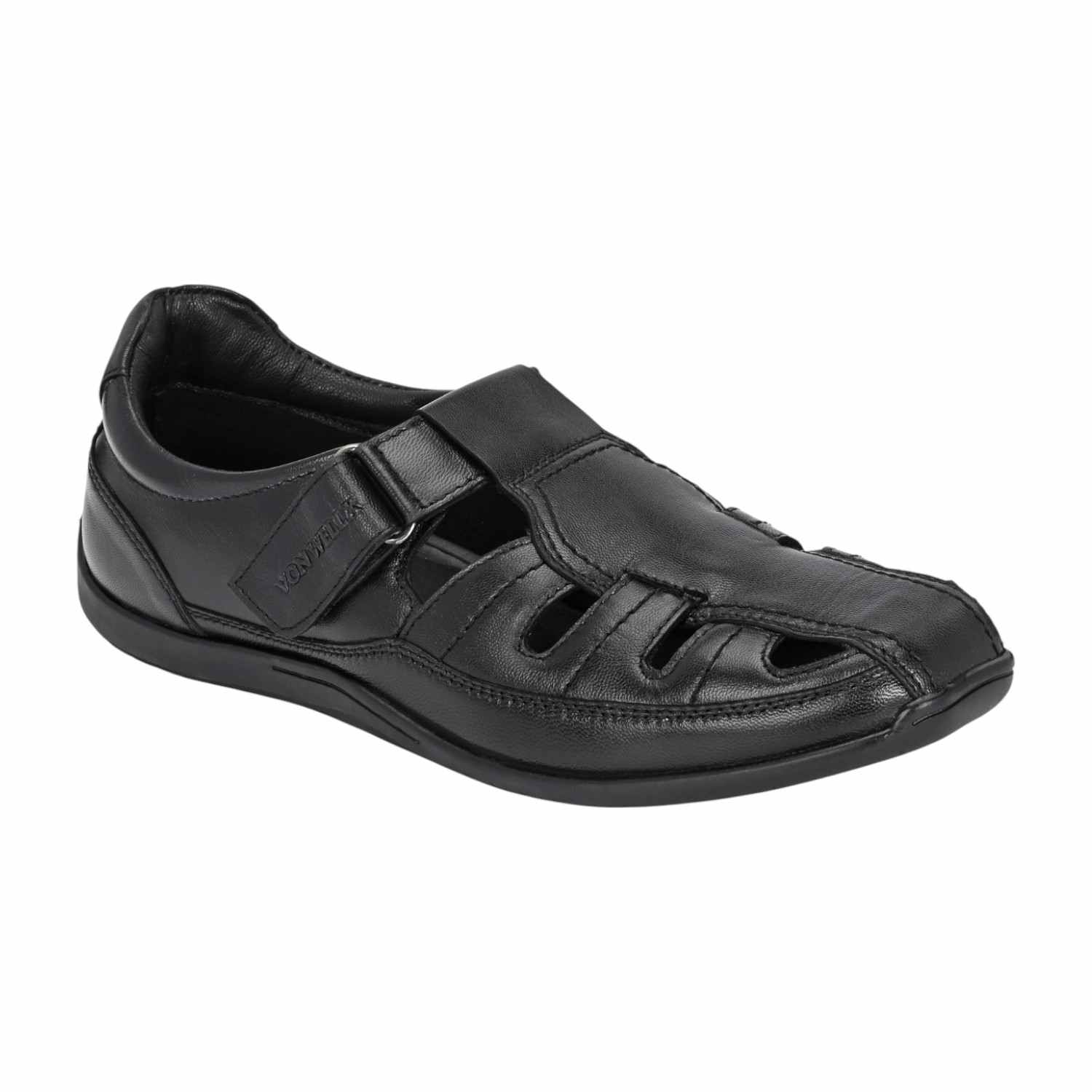 Men Black Leather Fisherman Sandal with Velcro Closure