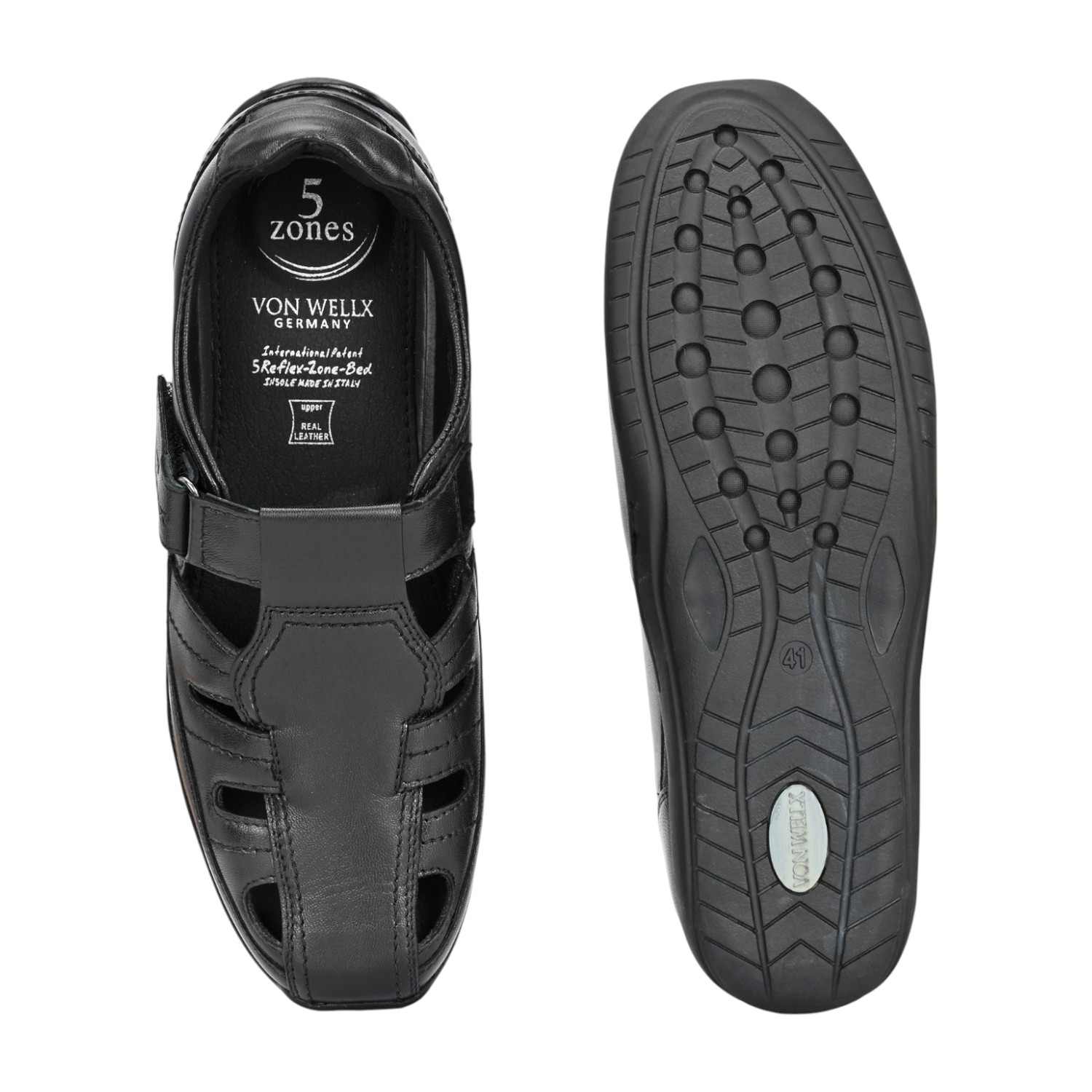 Men Black Leather Fisherman Sandal with Velcro Closure