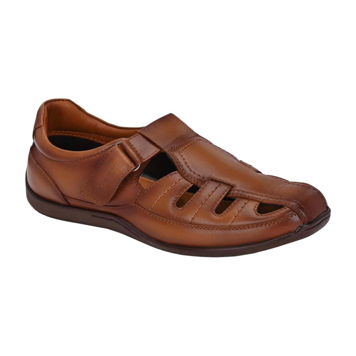 Men Tan Leather Fisherman Sandal with Velcro Closure