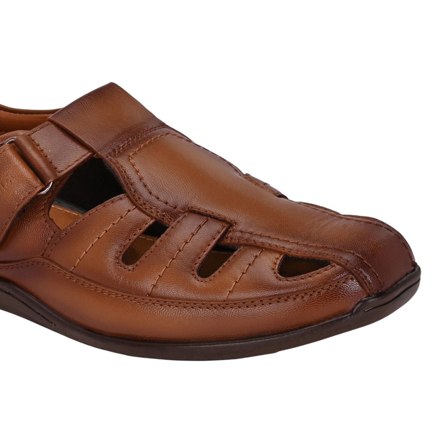 Men Tan Leather Fisherman Sandal with Velcro Closure