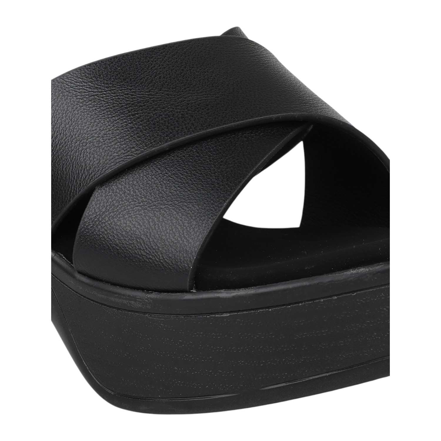 Women Bold Black Chunky Heel Platform Slides