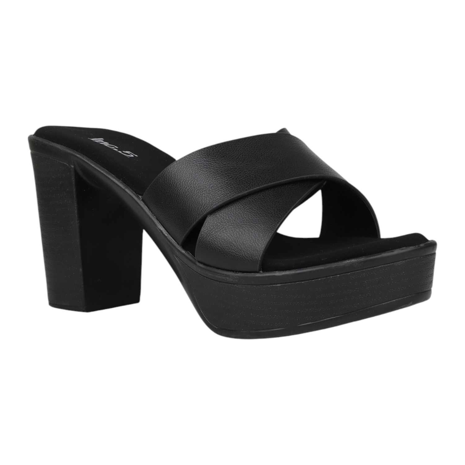 Women Bold Black Chunky Heel Platform Slides