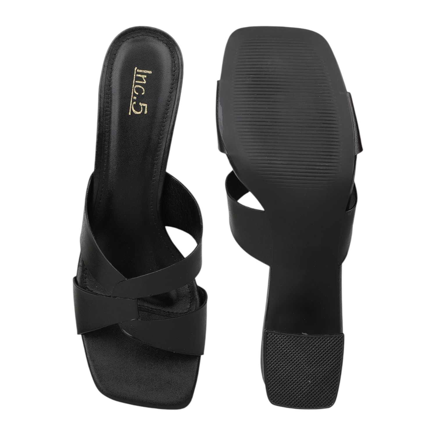 Women Black Interwoven Strap Block Heel slides