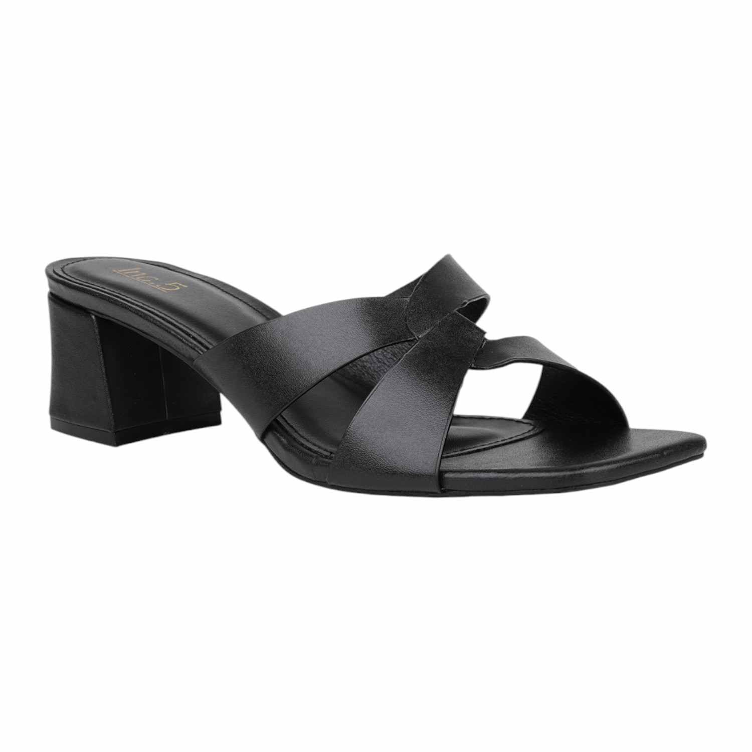 Women Black Interwoven Strap Block Heel slides