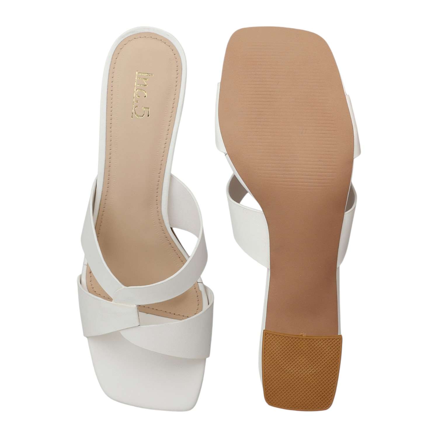 Women White Interwoven Strap Block Heel slides