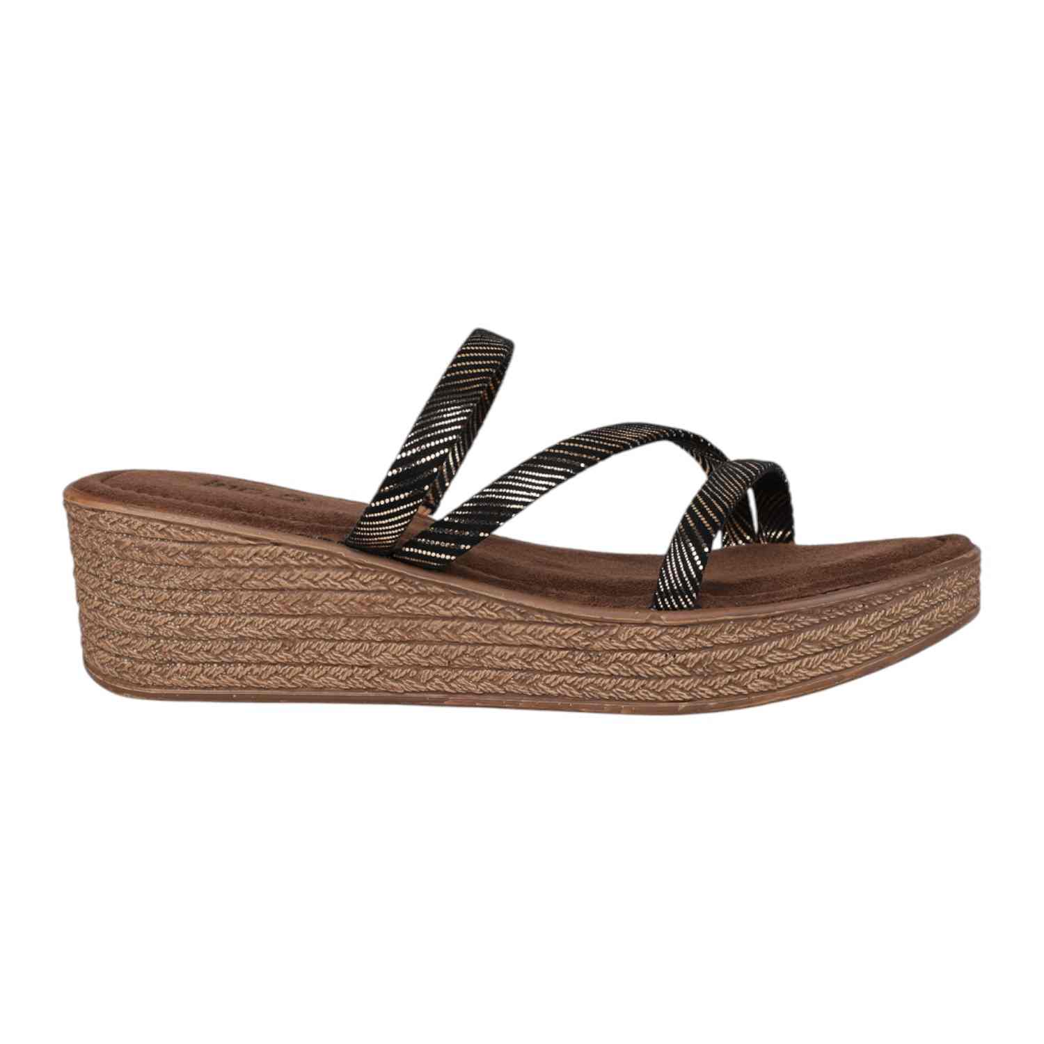 Inc.5 | Women Antique Gold & Black Striped Wedge Slide Sandals|2
