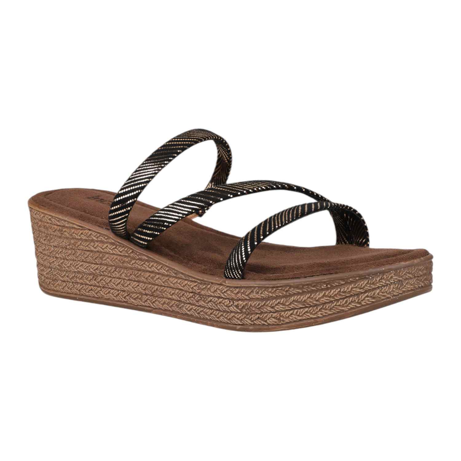 Inc.5 | Women Antique Gold & Black Striped Wedge Slide Sandals|0