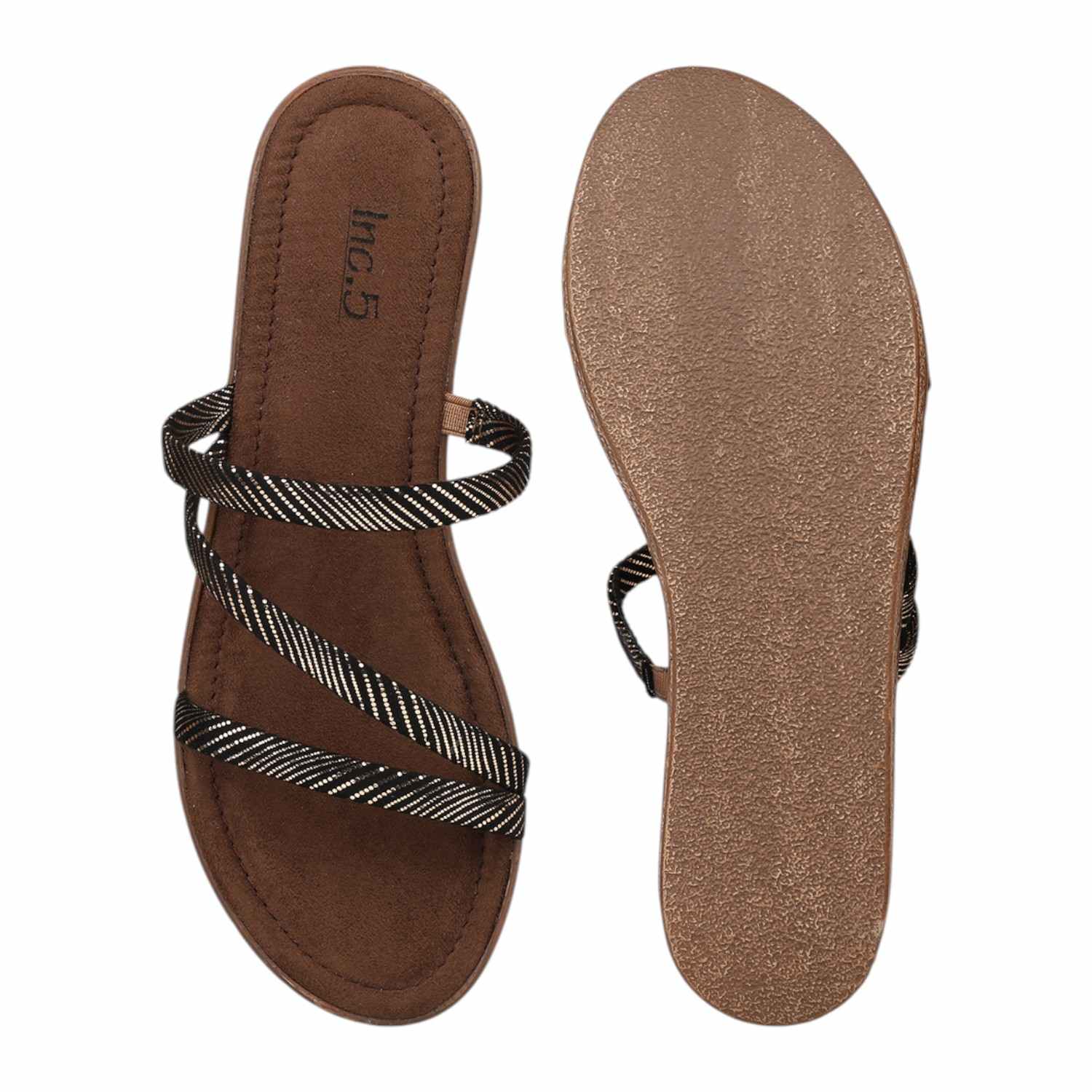 Inc.5 | Women Antique Gold & Black Striped Wedge Slide Sandals|3