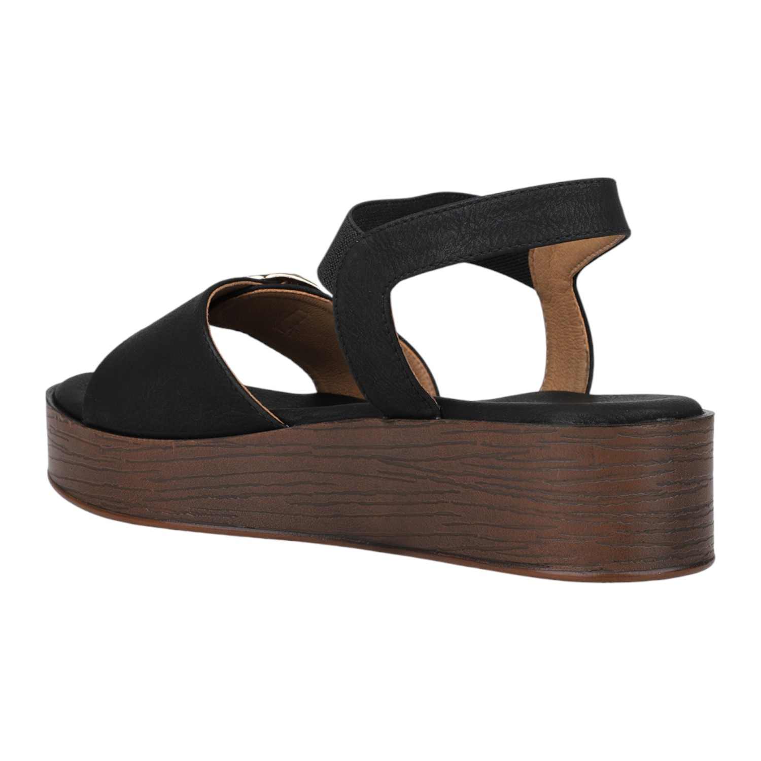 Women Black Platform Sandals with Buckle Detail and Wood-Look Sole