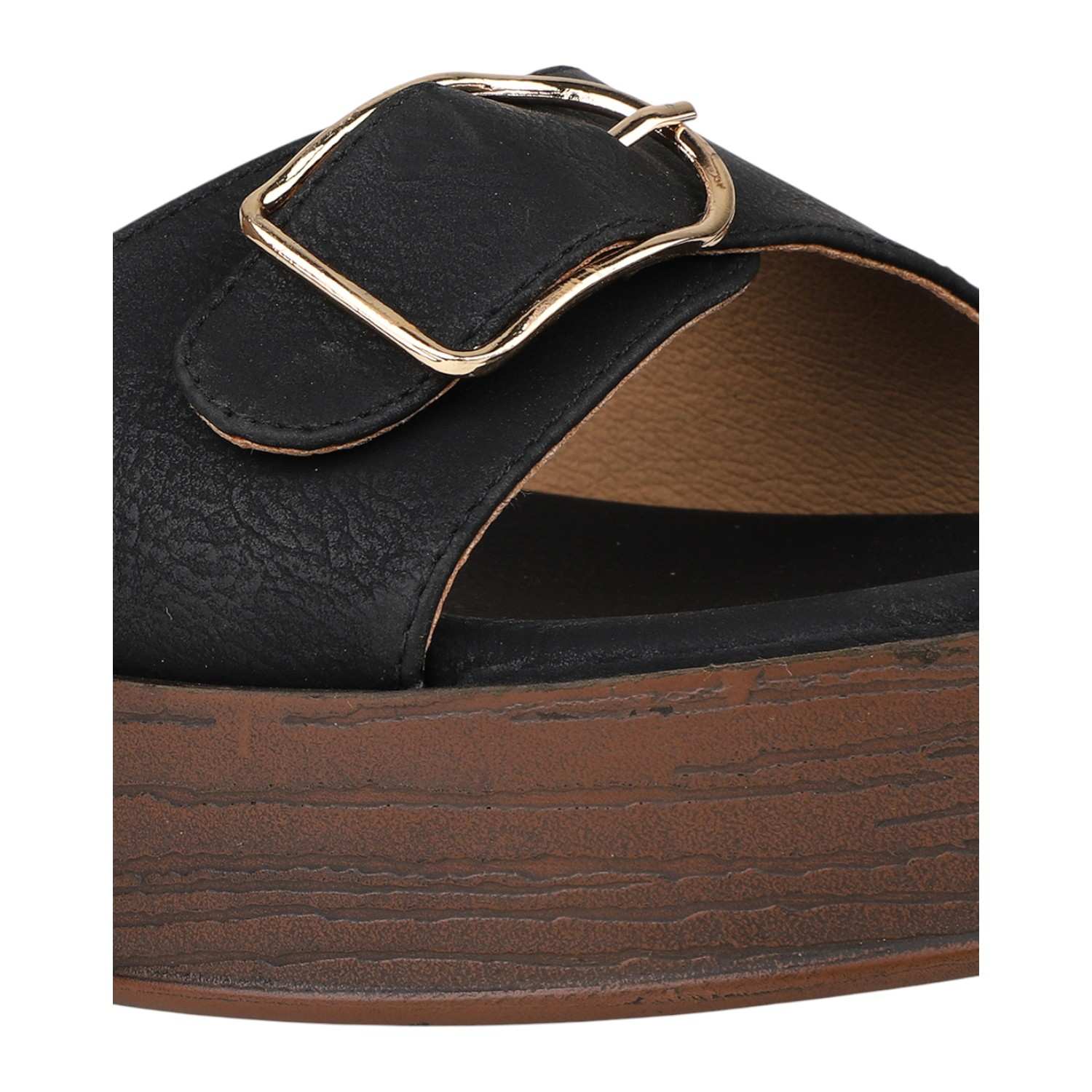 Women Black Platform Sandals with Buckle Detail and Wood-Look Sole