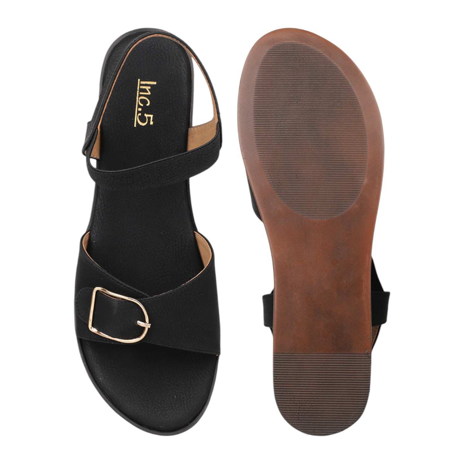Women Black Platform Sandals with Buckle Detail and Wood-Look Sole