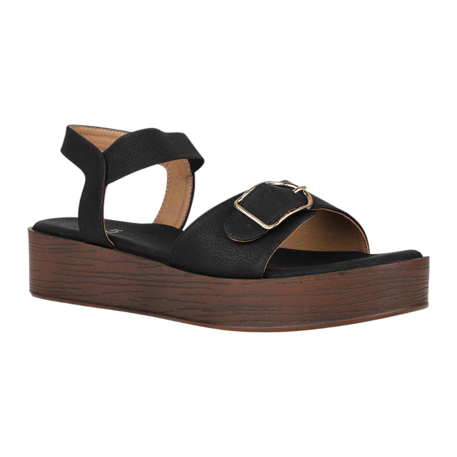 Women Black Platform Sandals with Buckle Detail and Wood-Look Sole
