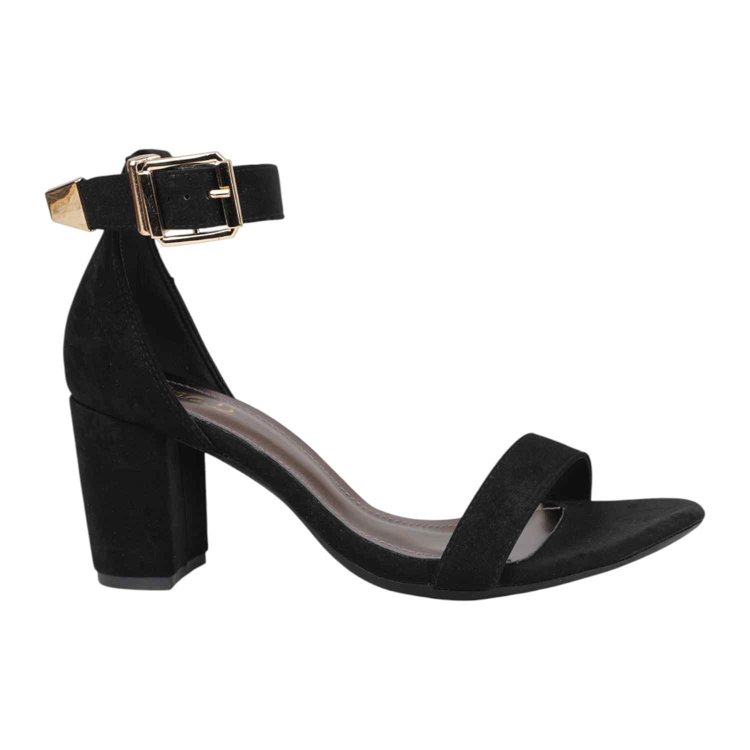 Women Black Faux Suede Block Heel Sandals with Gold Buckle