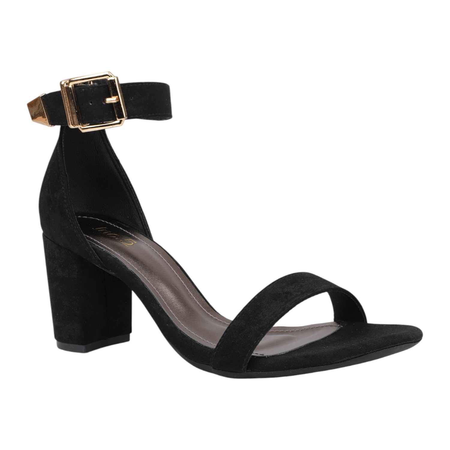 Women Black Faux Suede Block Heel Sandals with Gold Buckle