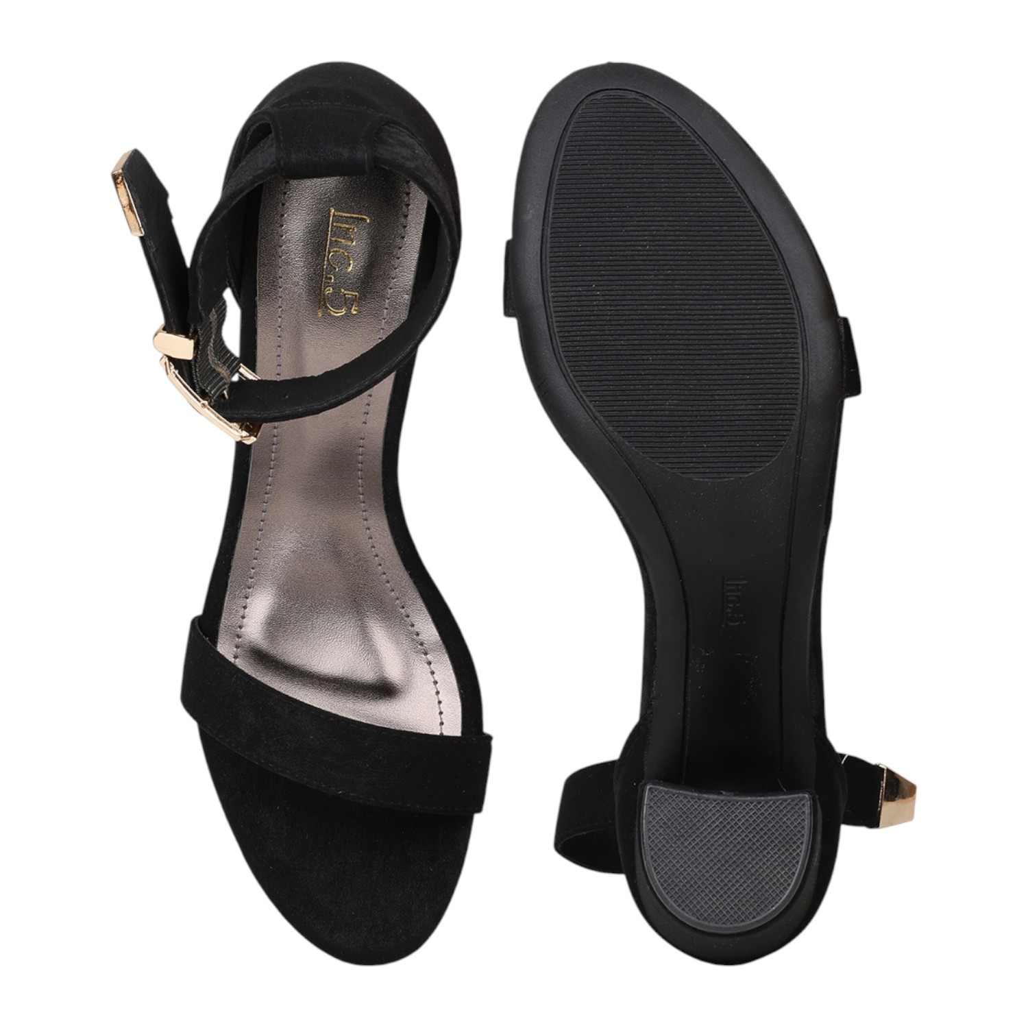 Women Black Faux Suede Block Heel Sandals with Gold Buckle