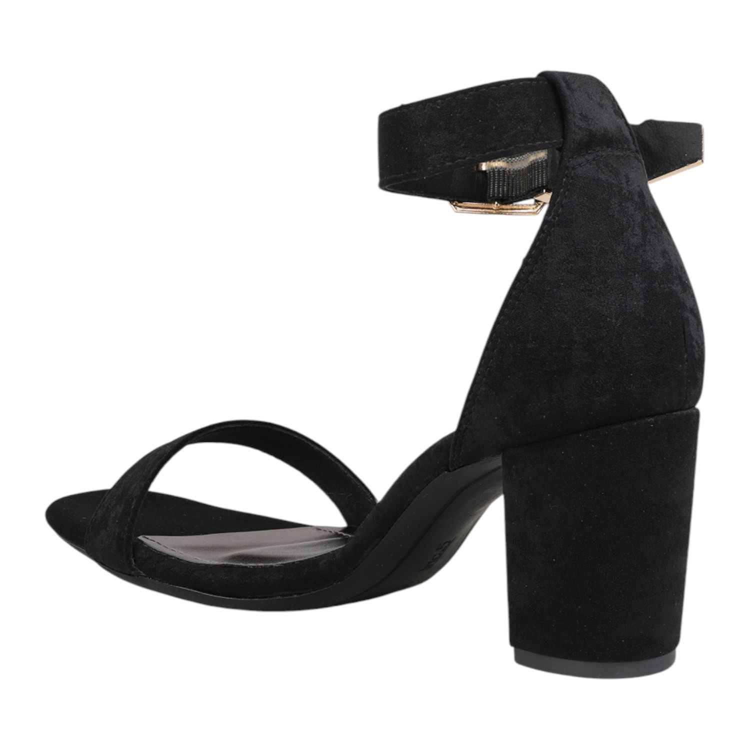 Women Black Faux Suede Block Heel Sandals with Gold Buckle