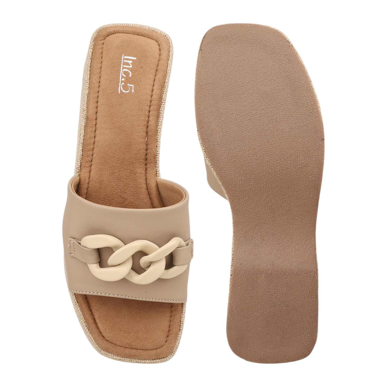 Inc.5 | Women Beige Platform Slides with Decorative Chain Accent|3
