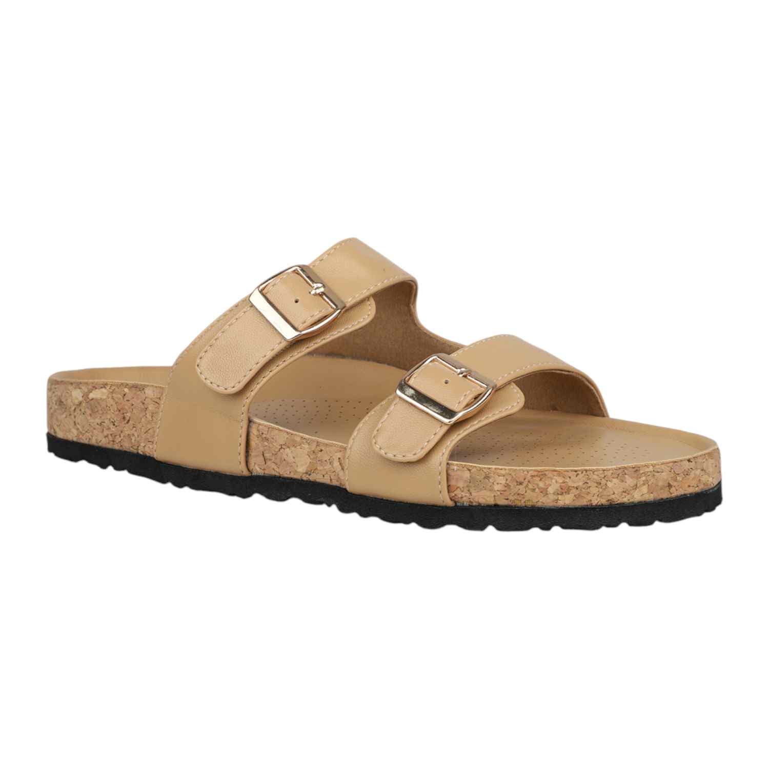 Women Beige Dual Buckle Cork Footbed Slide Sandals