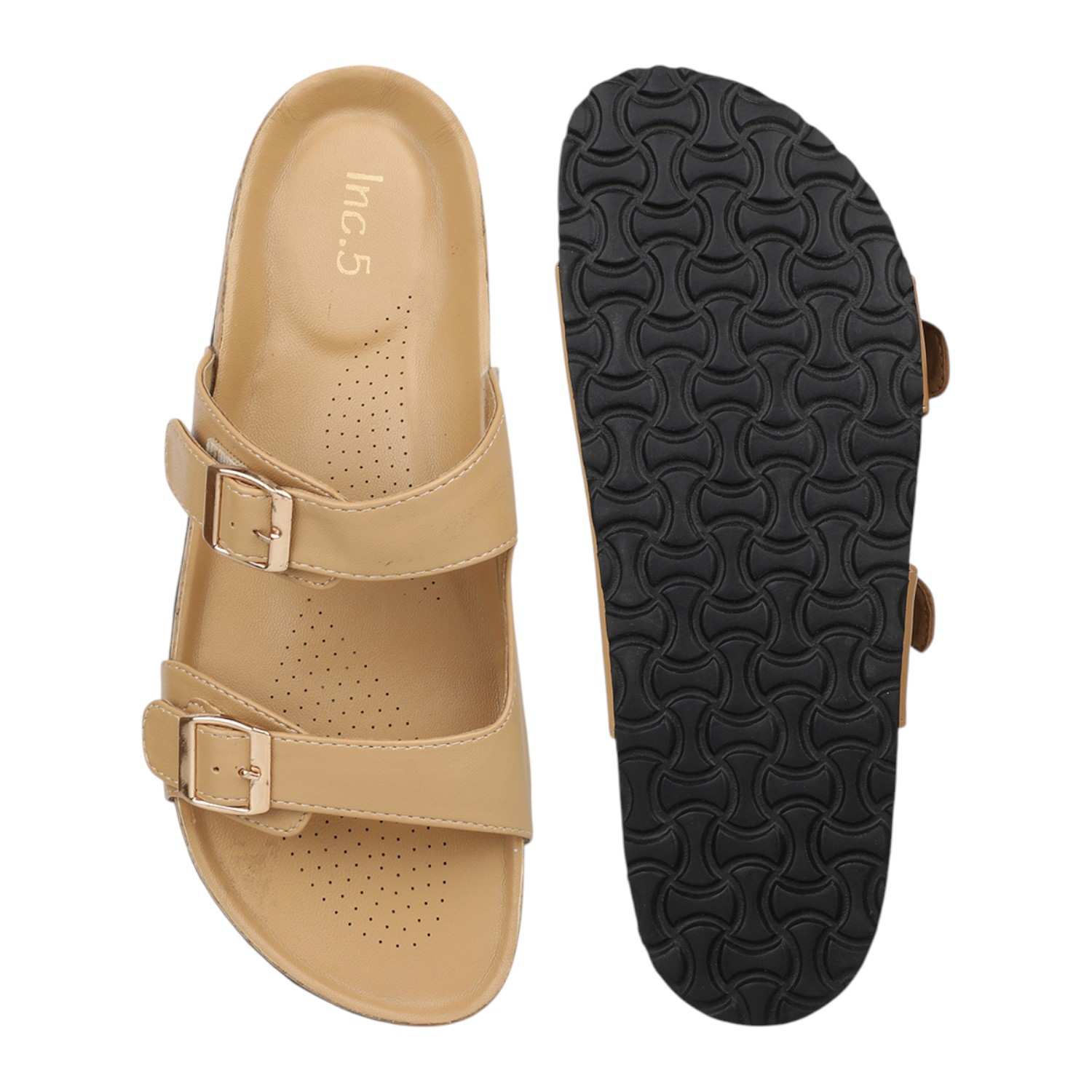 Women Beige Dual Buckle Cork Footbed Slide Sandals