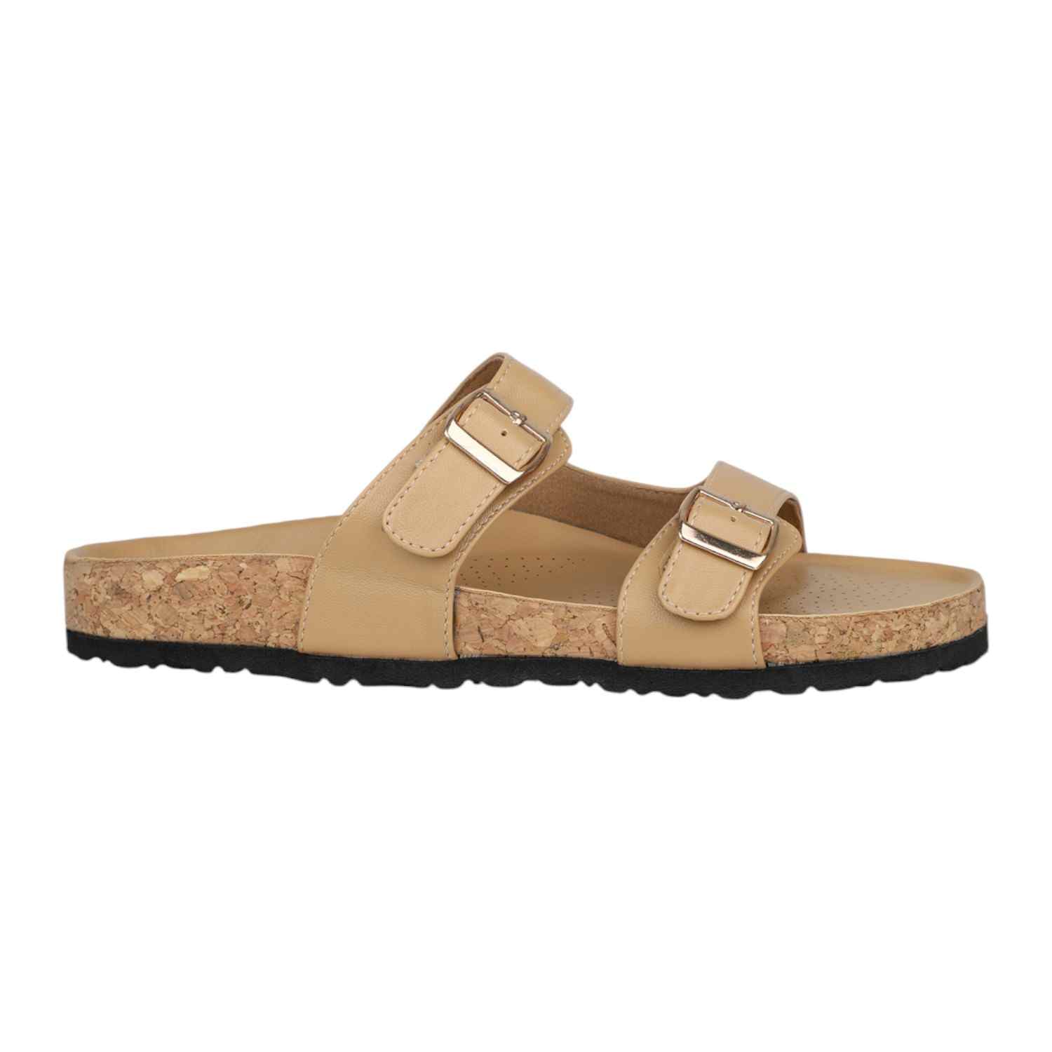 Women Beige Dual Buckle Cork Footbed Slide Sandals