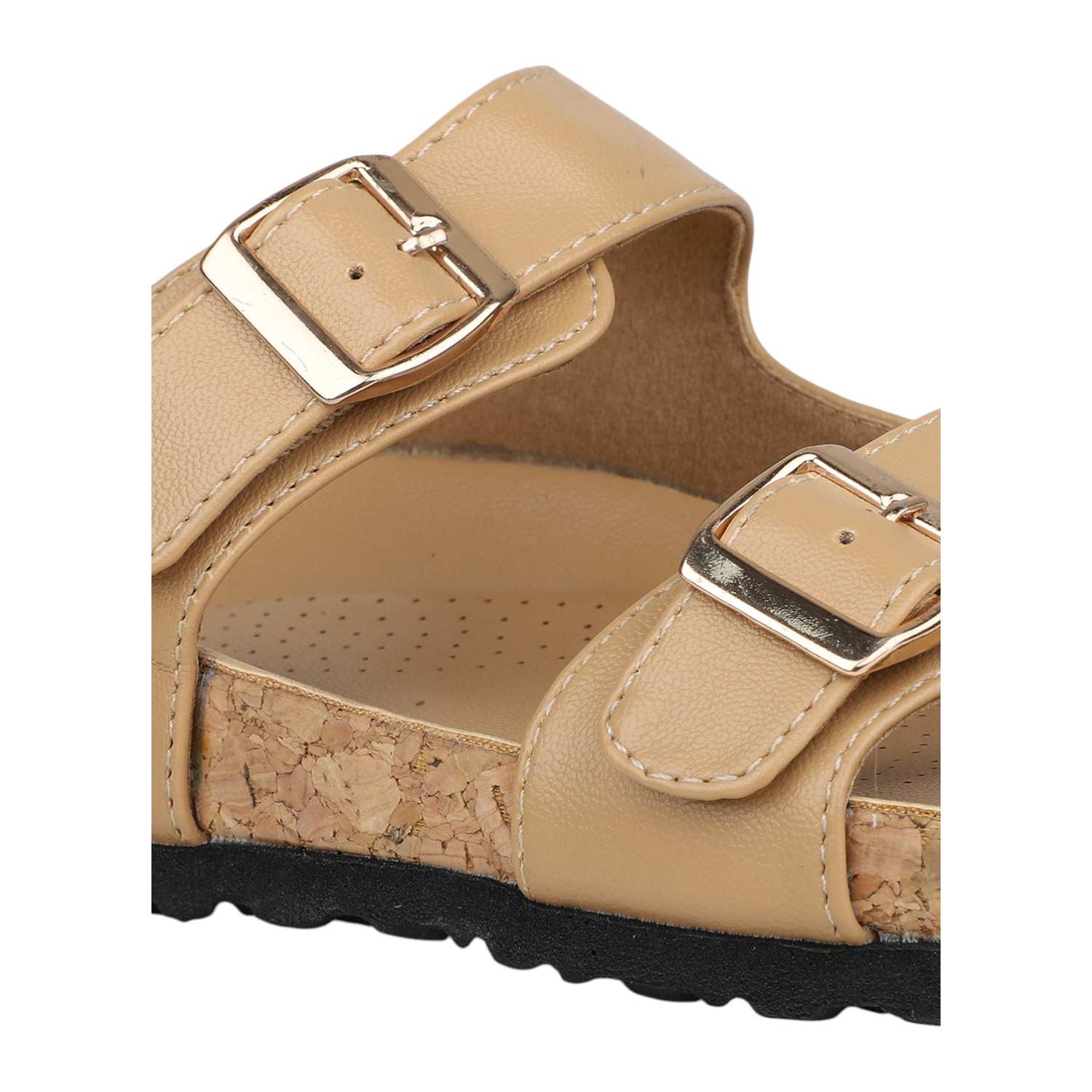 Women Beige Dual Buckle Cork Footbed Slide Sandals