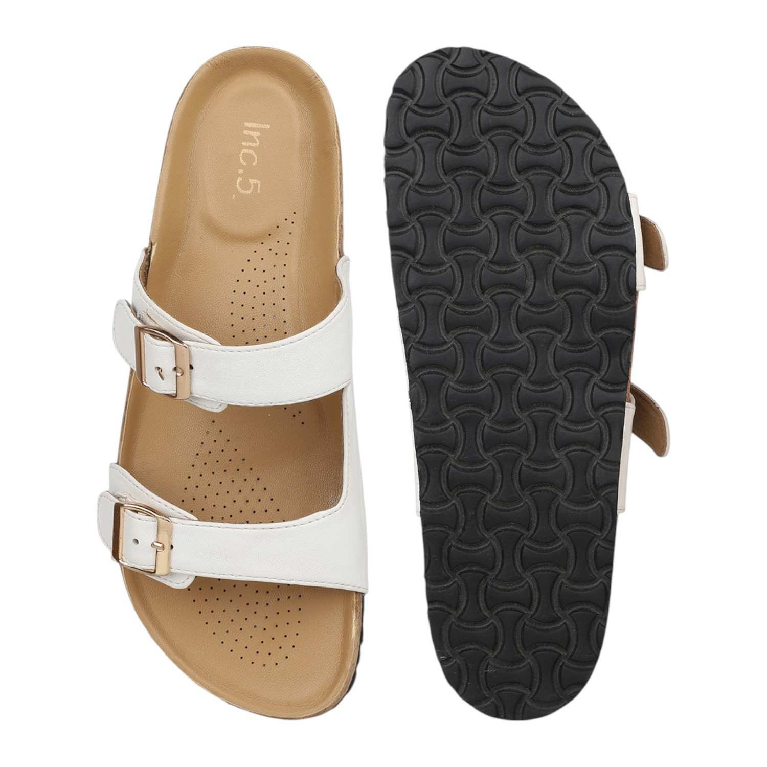 Women White Dual Buckle Cork Footbed Slide Sandals