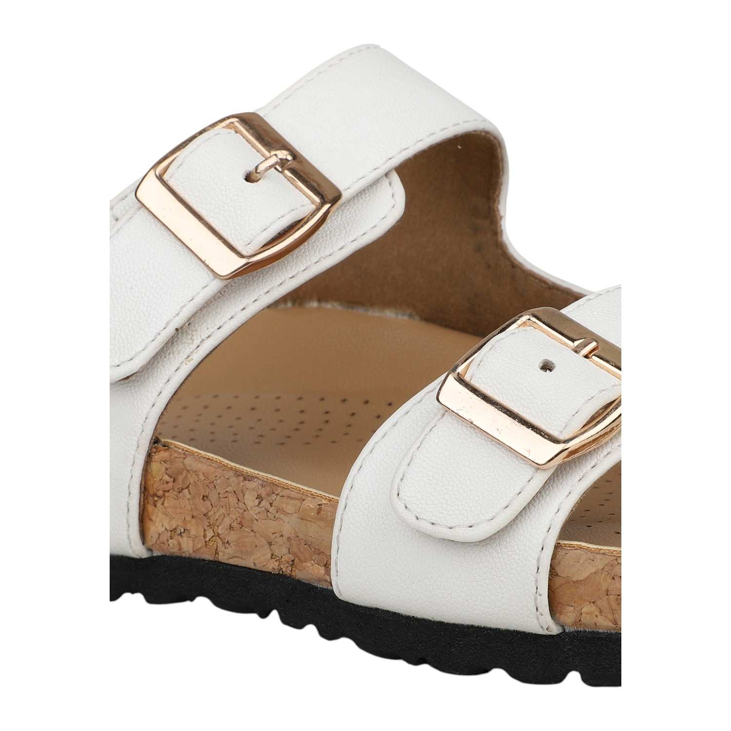 Women White Dual Buckle Cork Footbed Slide Sandals