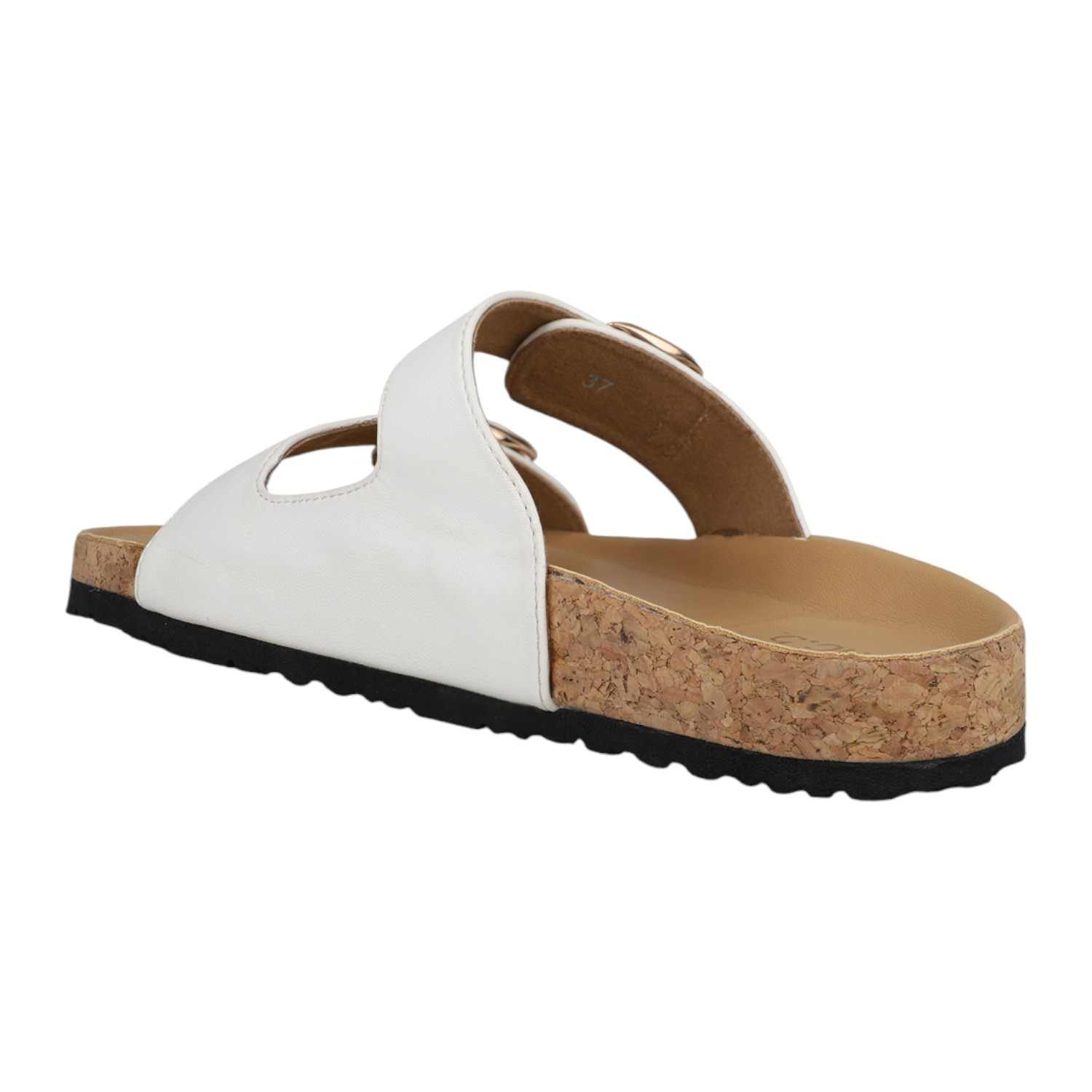 Women White Dual Buckle Cork Footbed Slide Sandals
