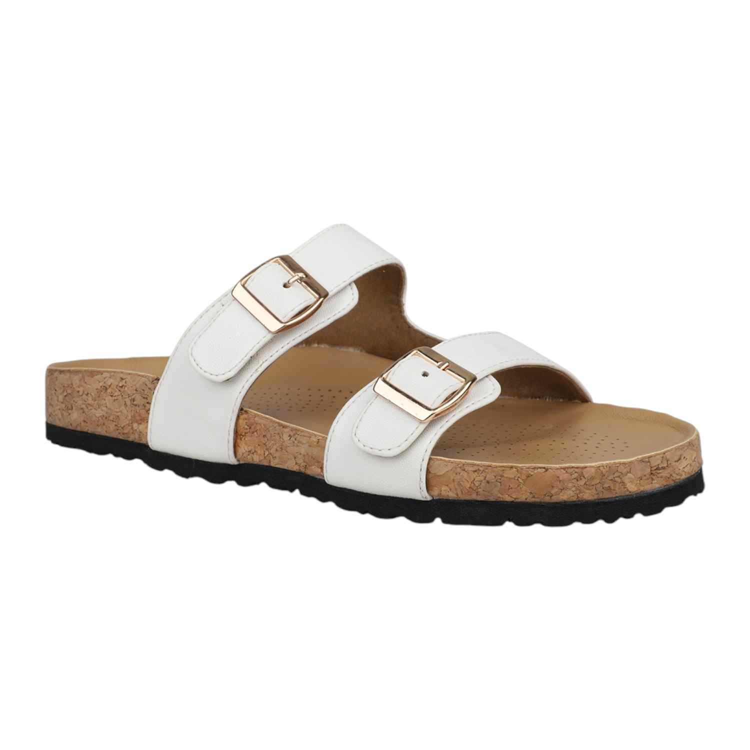 Women White Dual Buckle Cork Footbed Slide Sandals