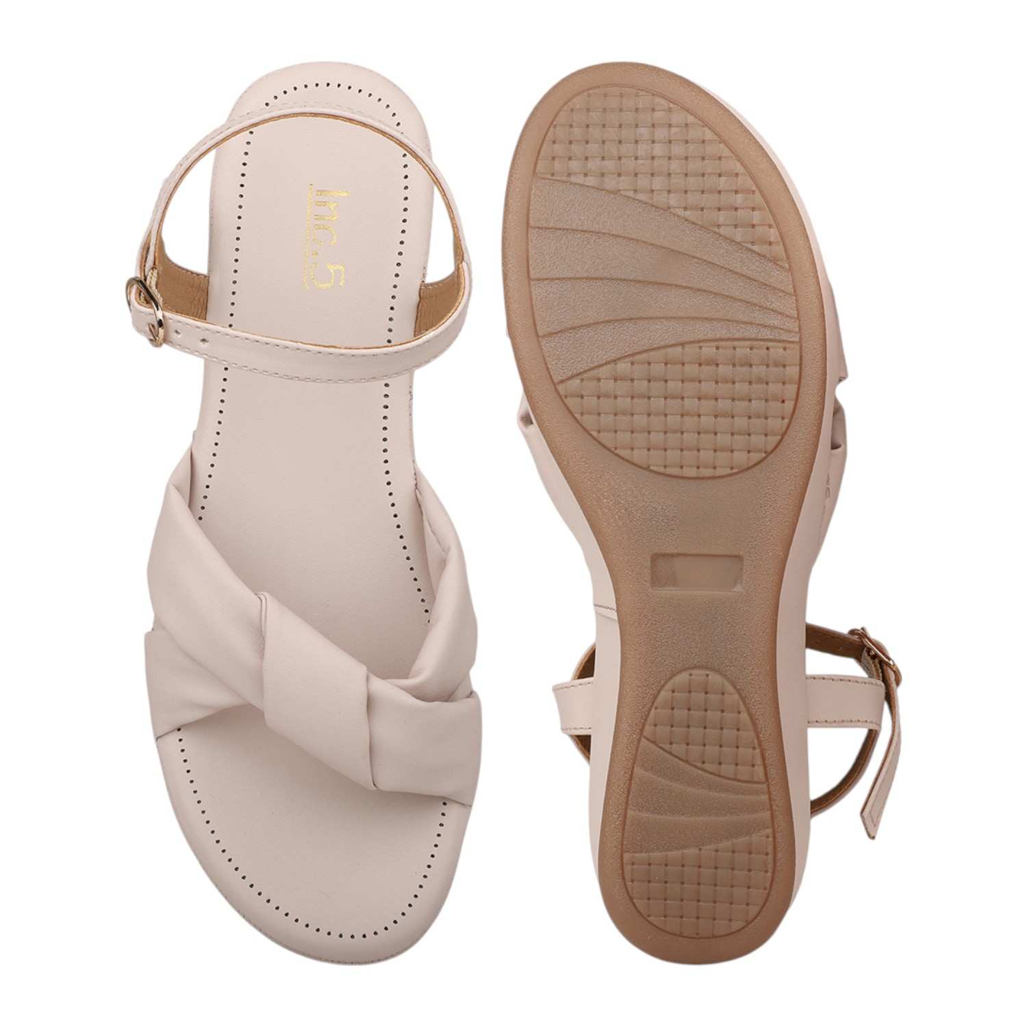 Women Cream Padded Criss-Cross Strap Wedge Sandals with Ankle Strap