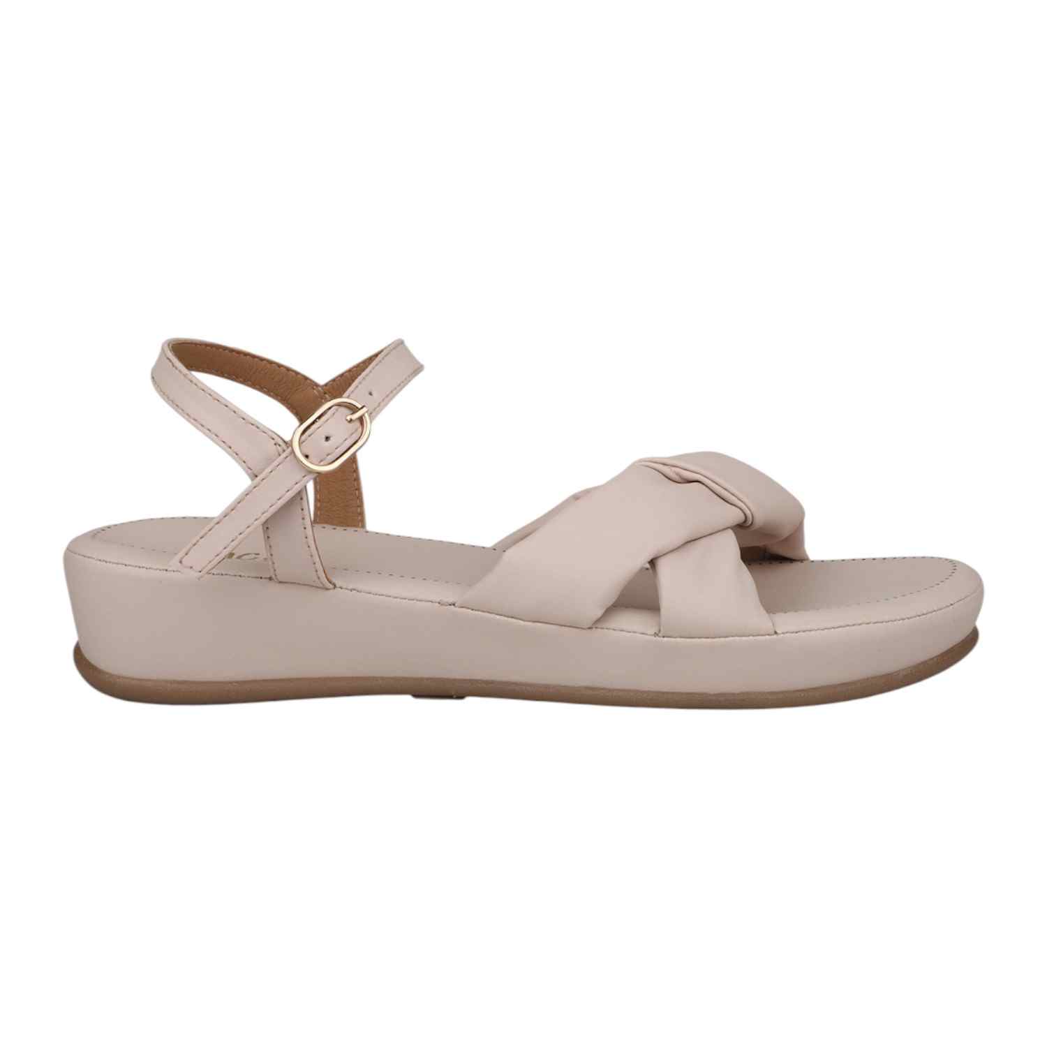 Women Cream Padded Criss-Cross Strap Wedge Sandals with Ankle Strap