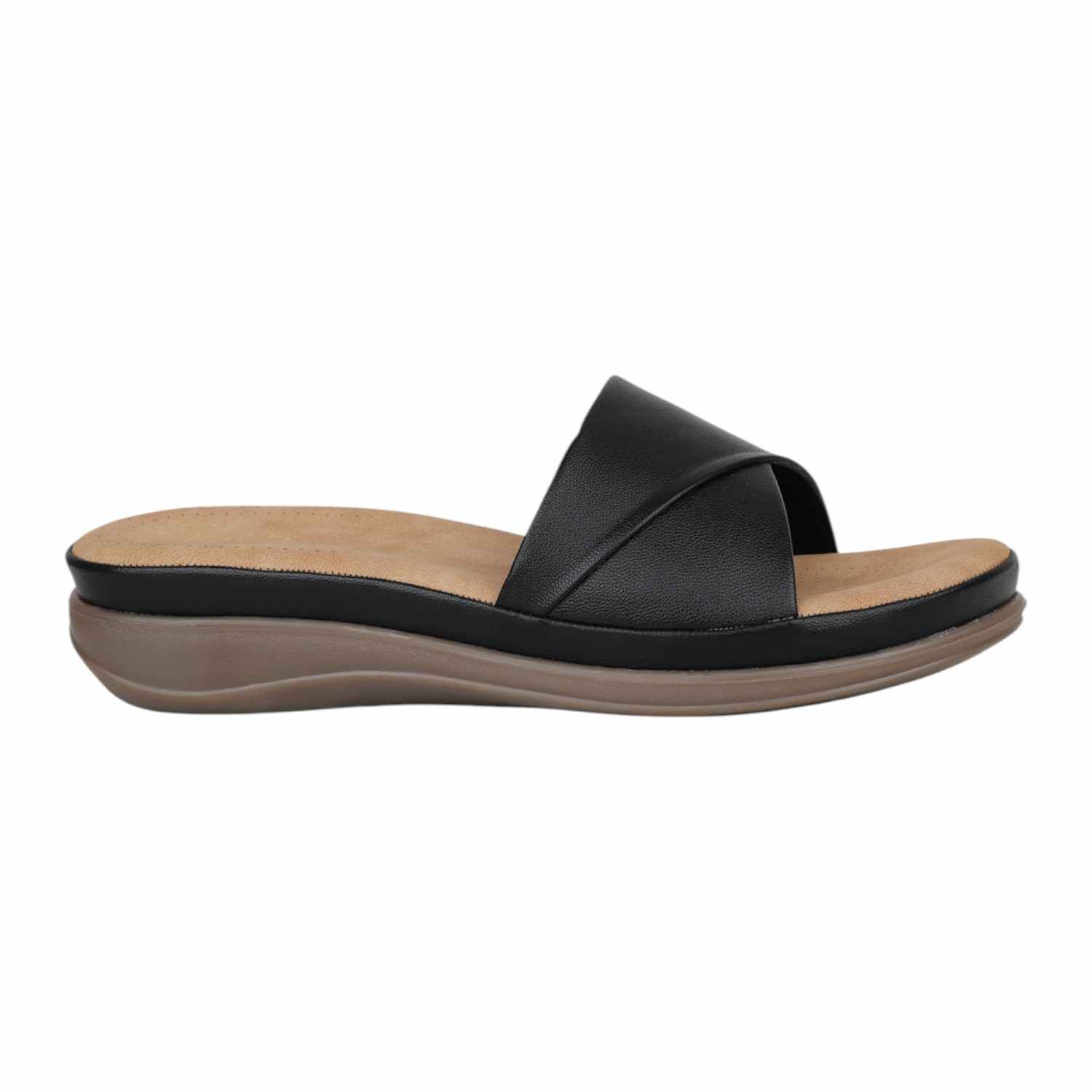 Women Black Criss-Cross Strap Comfort Wedge Slides