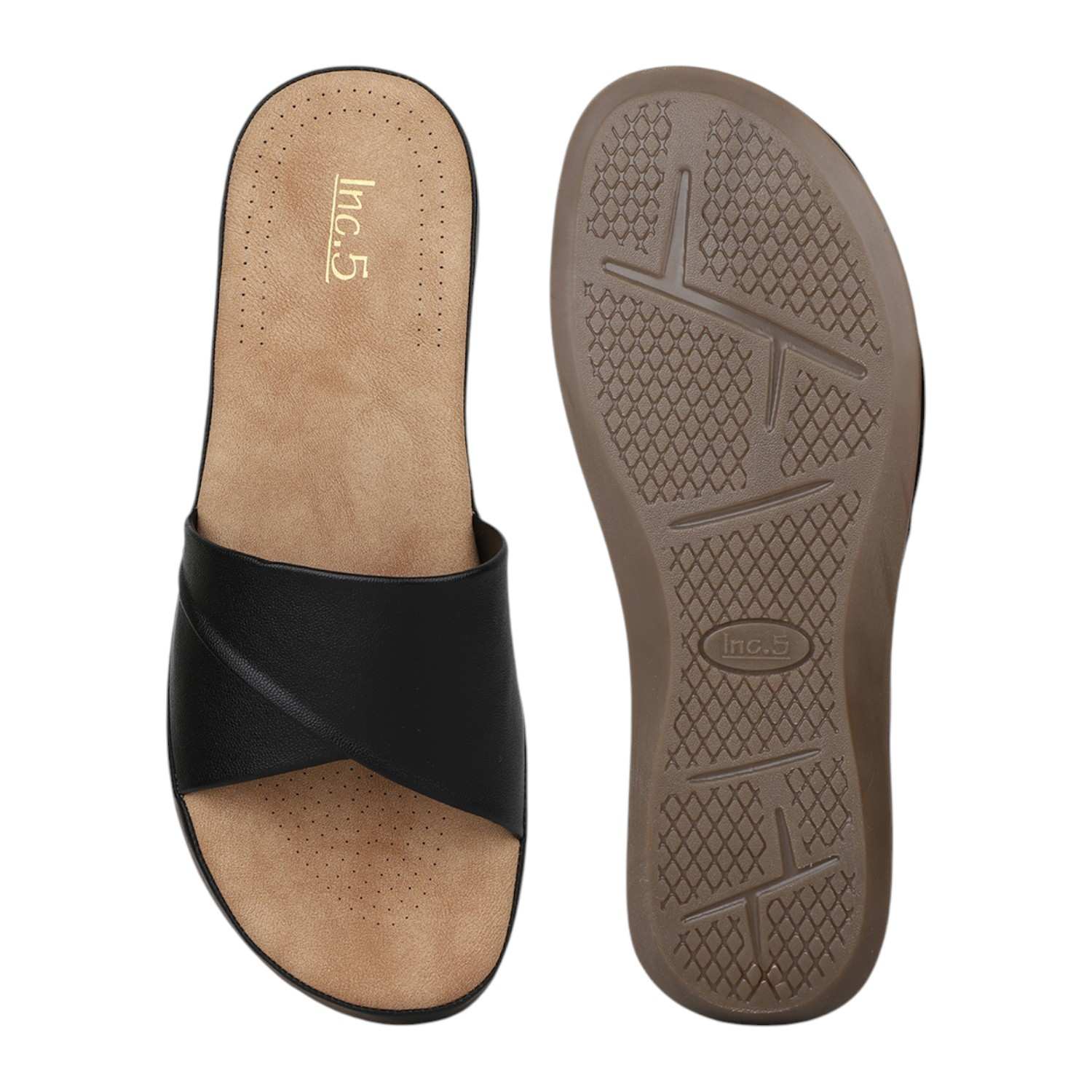 Women Black Criss-Cross Strap Comfort Wedge Slides