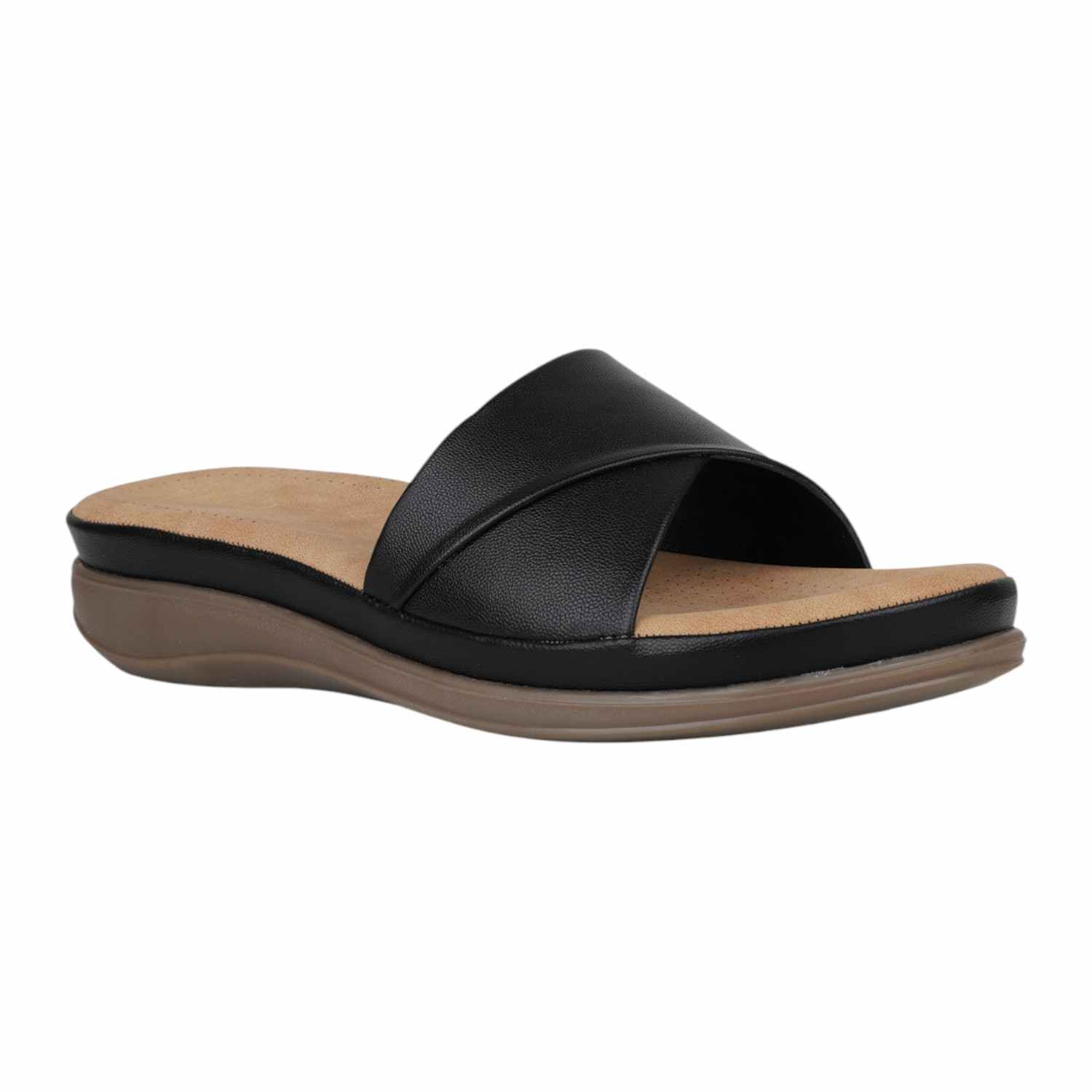 Women Black Criss-Cross Strap Comfort Wedge Slides