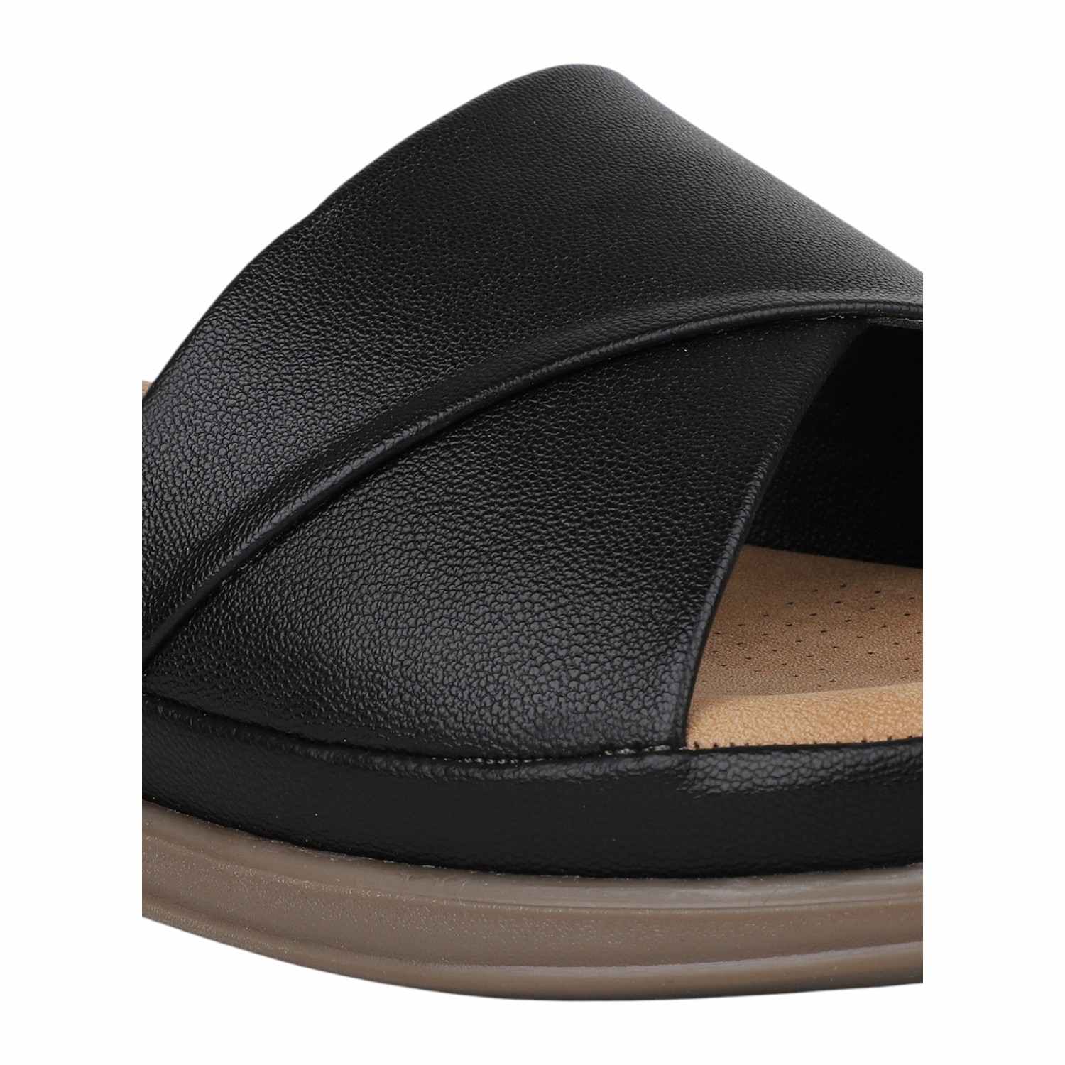 Women Black Criss-Cross Strap Comfort Wedge Slides
