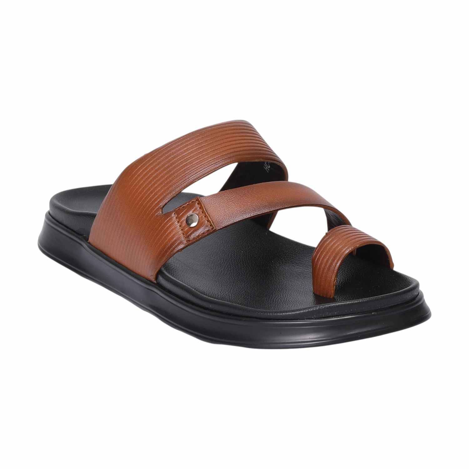 Men Tan Toe-Loop Slide Chappal With Dual Strap Design