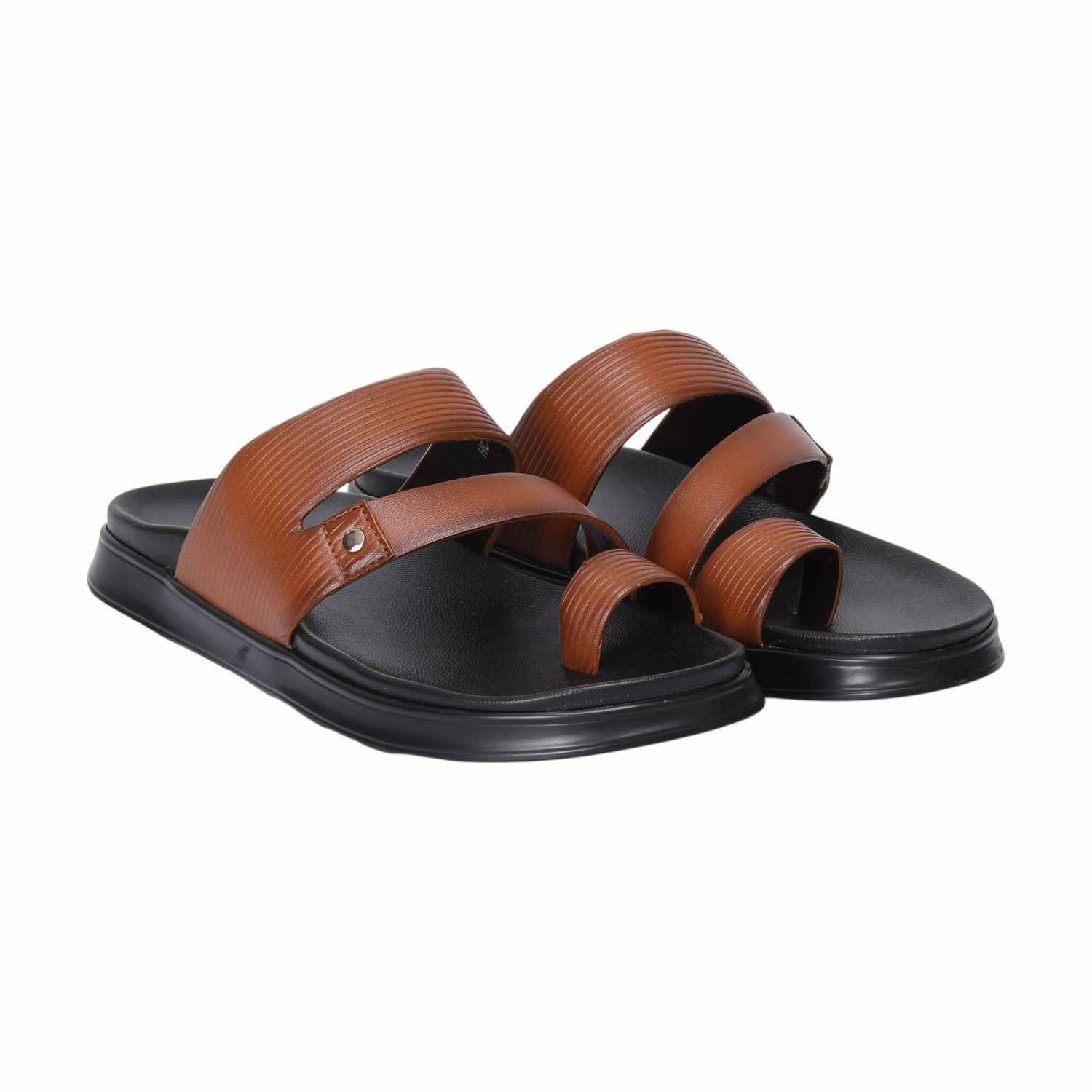 Men Tan Toe-Loop Slide Chappal With Dual Strap Design
